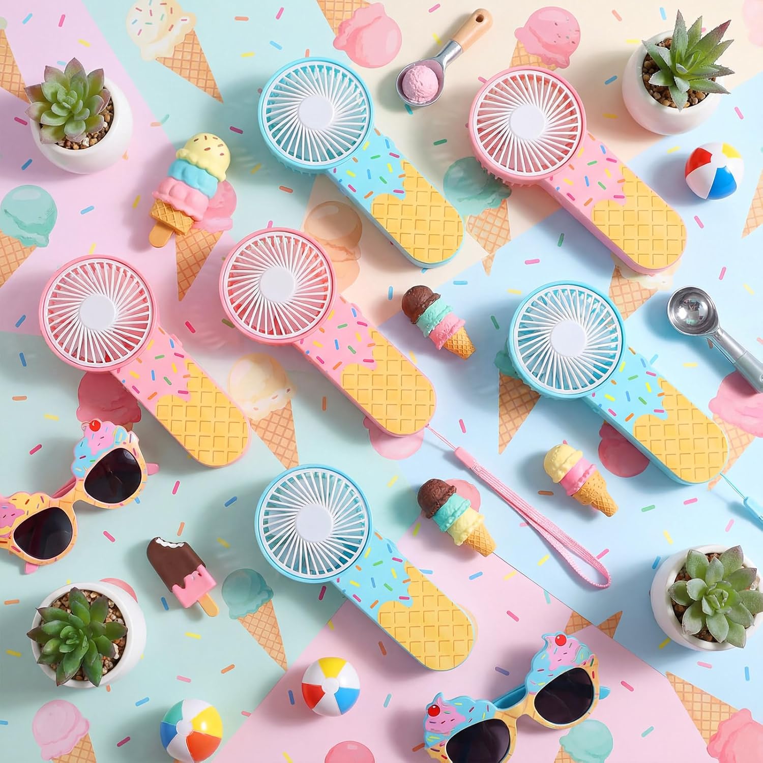 VIHOSE 24 Pcs Ice Cream Small Personal Portable Fan Mini Handheld Fan Bulk Small Fans Cute Fans for Guest Women Men Party Office Outdoor Travel Camping, Battery Not Include (Pink & Blue)