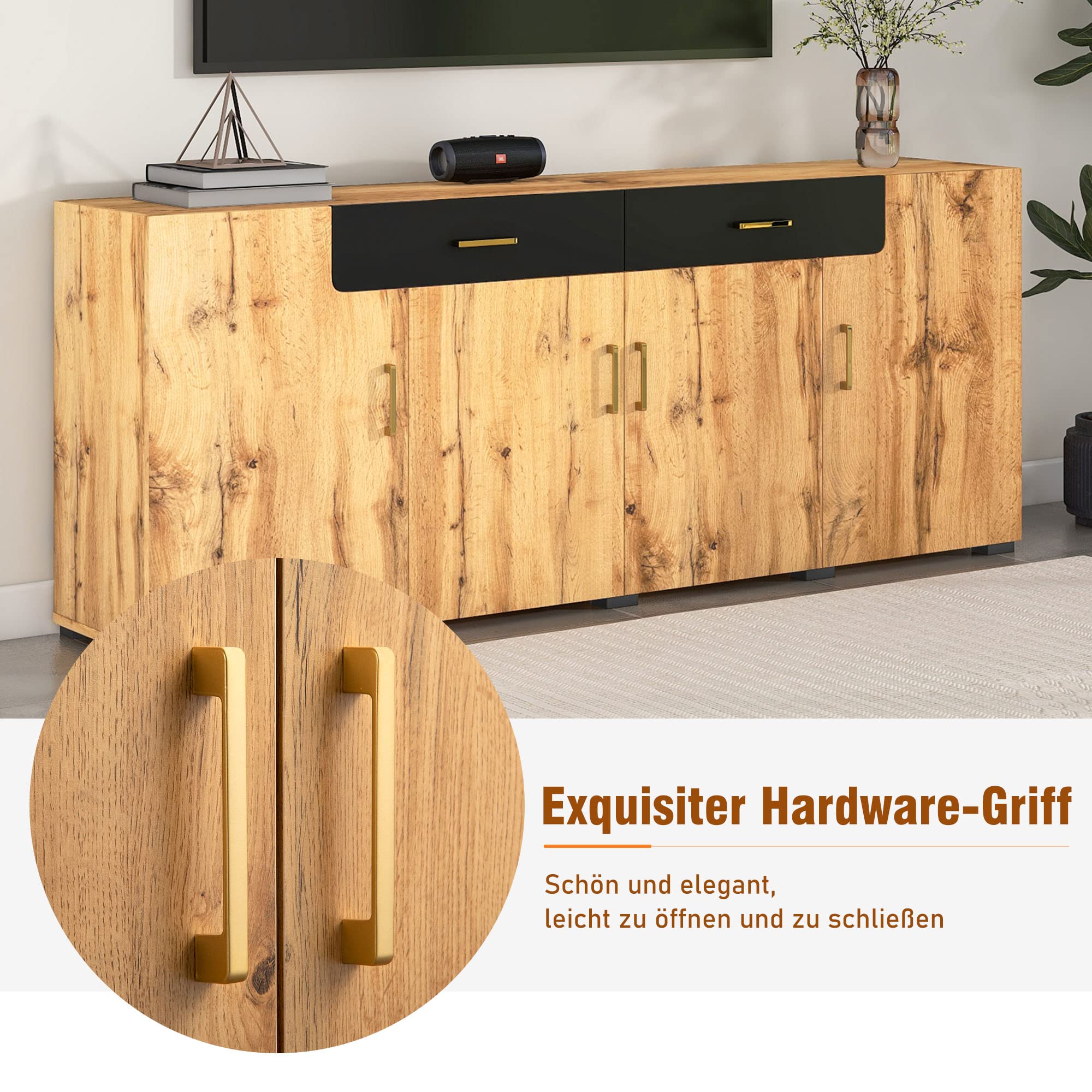 Merax Sideboard Kommode mit 2 Schubladen&4 Schränken, Sideboard Holz Küchenschrank Buffet Beistelltisch mit Griffen, Farmhouse Design, Braun/208 x 39.5 x 80CM