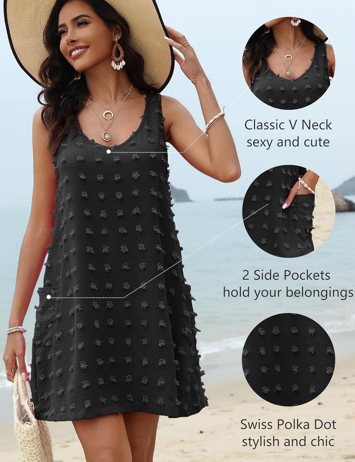 OmicGot Women's Beach Cover Up Casual Summer Dresses Swiss Polka Dot V Neck Tank Dress with Pockets S-XL - Image 2