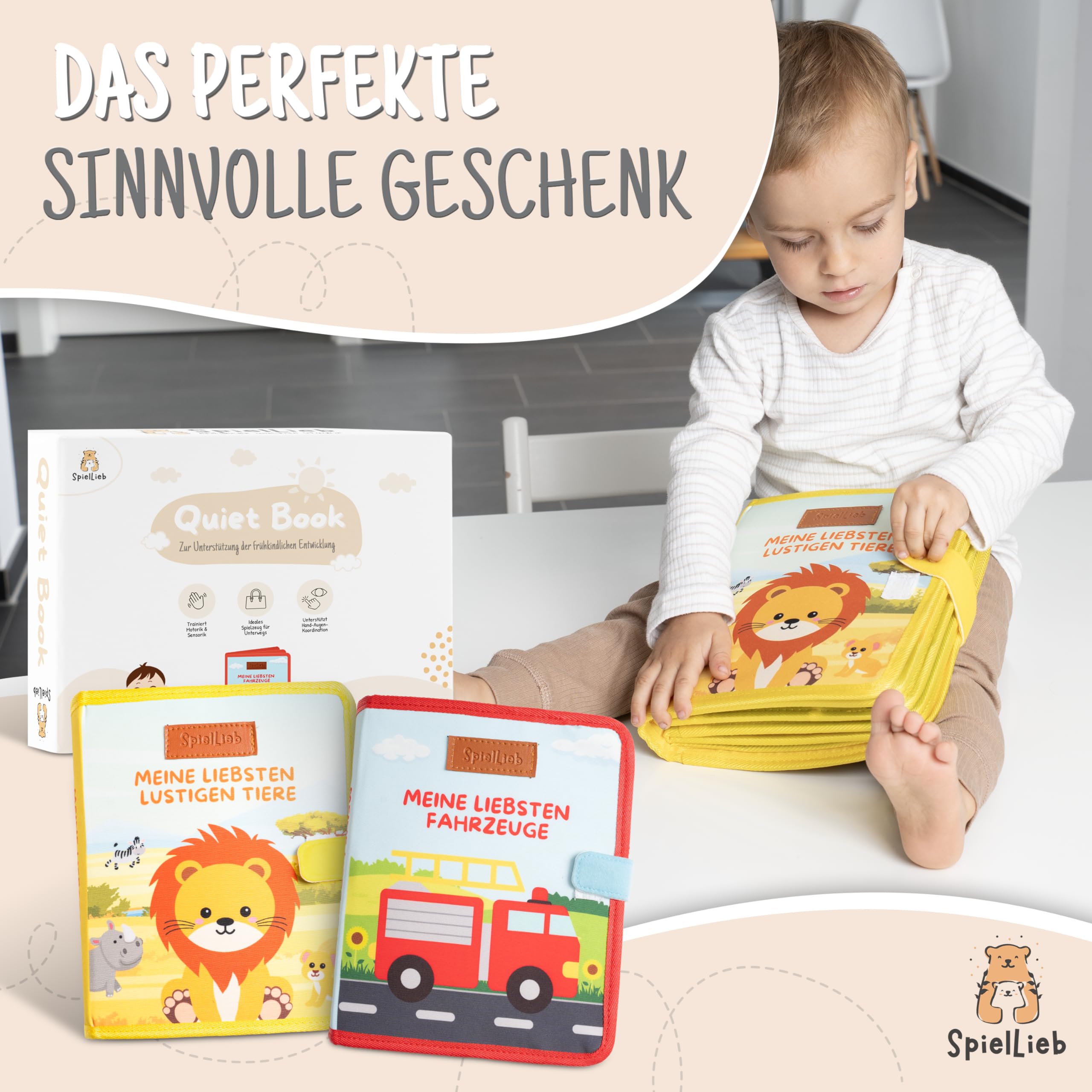 SpielLieb® Montessori Quiet Book ab 1 Jahr - interaktives Busy Board ab 1 Jahr mit Tieren - Quiet Book & Motorikspielzeug, ideale Beschäftigung für Autofahrten - Geschenk Junge & Mädchen (Gelb)