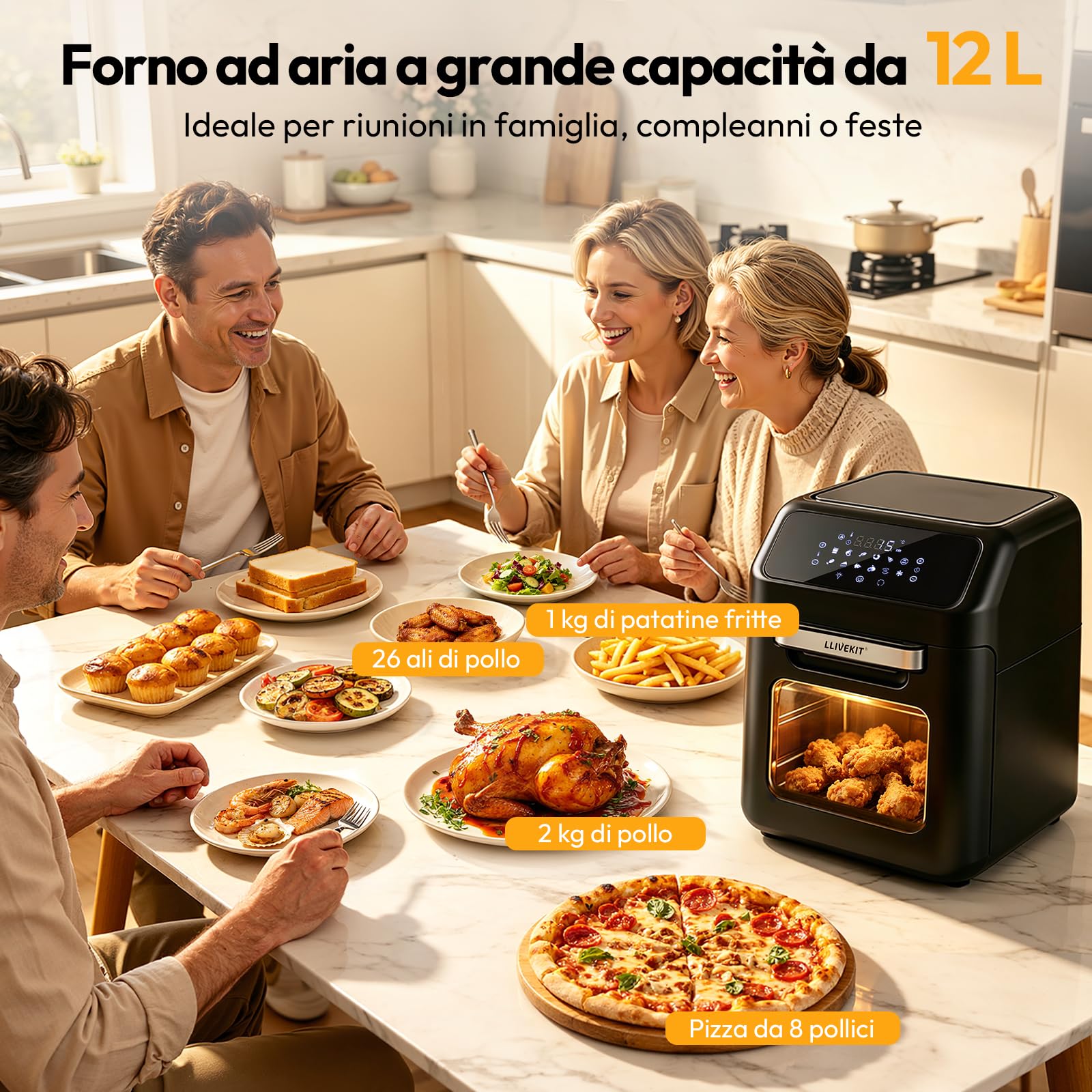 LLIVEKIT Friggitrice ad Aria 12L per Famiglia 3-6 Persone, Forno ad Aria Calda 12 in 1 con Touch Screen LED, Friggere Senza Olio da 1800W, Griglia, 7 Accessori e Ricettario, Cottura Senza Olio
