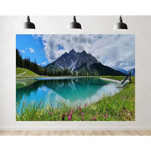Trykid 5x3ft Alpine Lake Meadow Backdrop Grey Peak Turquoise Lake Pink Clover Green Lawn Blue Sky Photography Background Mountain Wedding Party Decoration Tapestry Photo Booth Prop Fabric