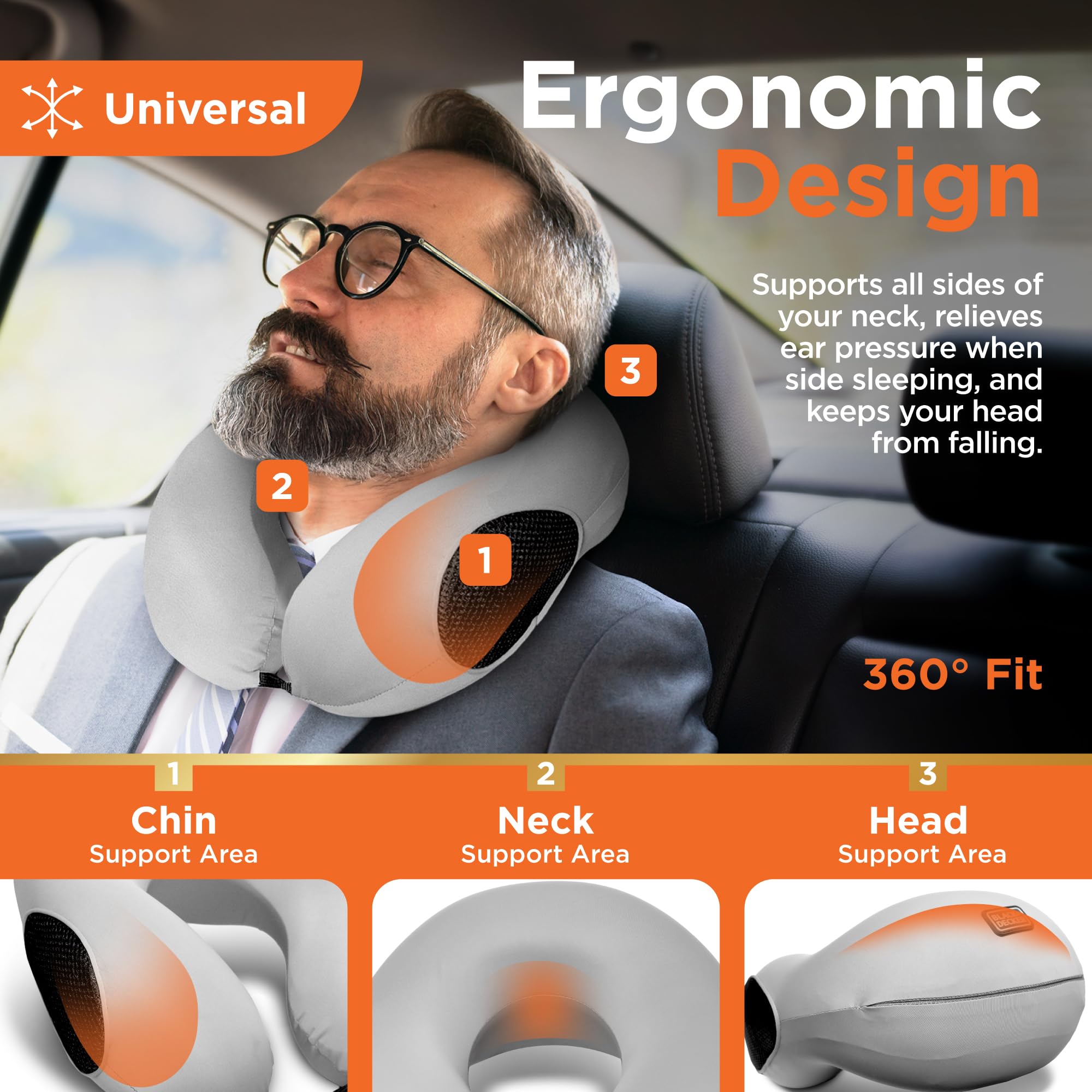 BLACK+DECKER Reise-Nackenkissen aus Memory-Schaum, Reisekissen für Flugzeug, Auto und Zug, Kühlstoff, Eisseide, ergonomisches Design, Nackenstütze, waschbarer Bezug, Grau