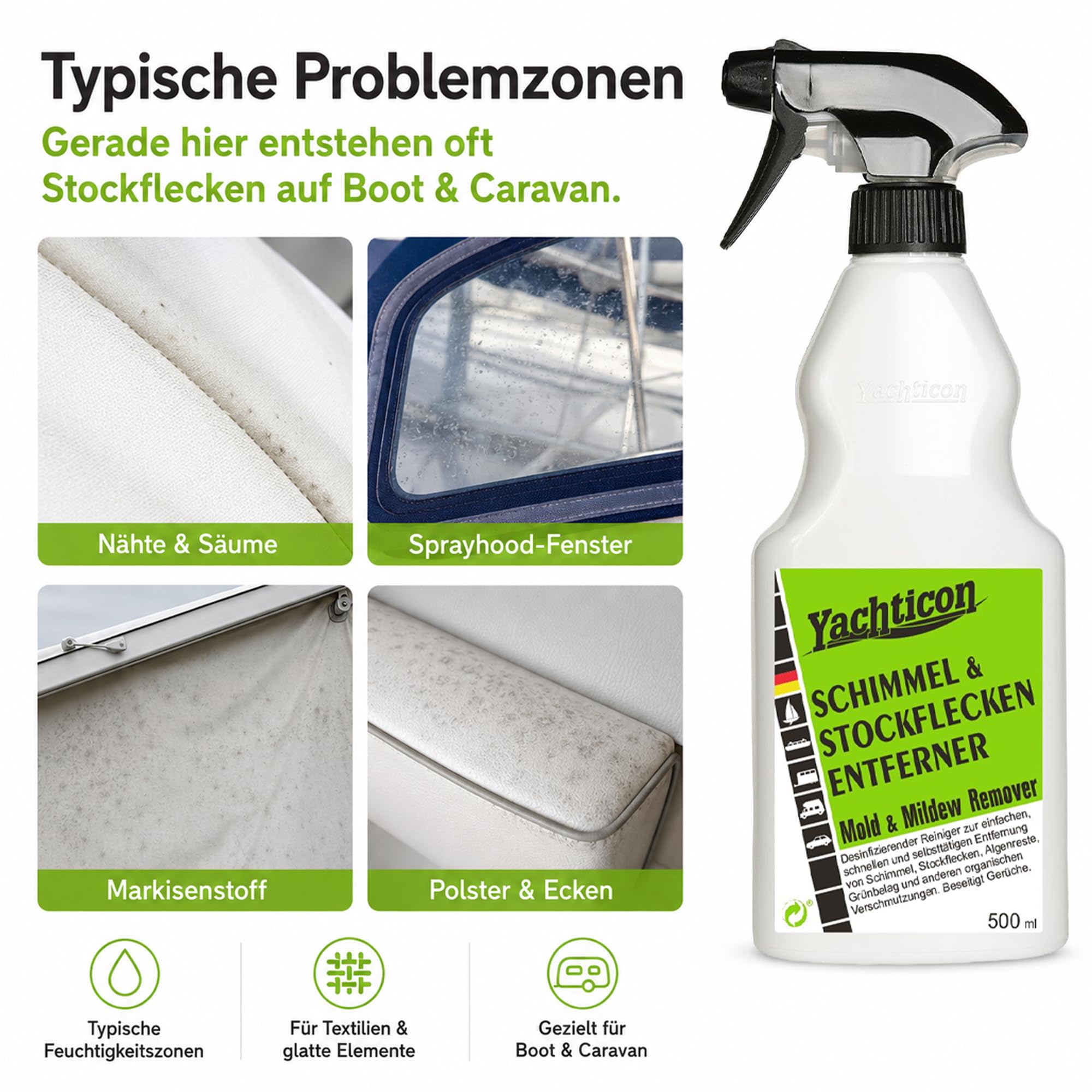 YACHTICON Schimmel & Stockflecken Entferner – Effektive Lösung gegen Flecken und Gerüche auf Boot, Wohnmobil, Zelt, Bad, Polstern, Kunststoff, Textilien
