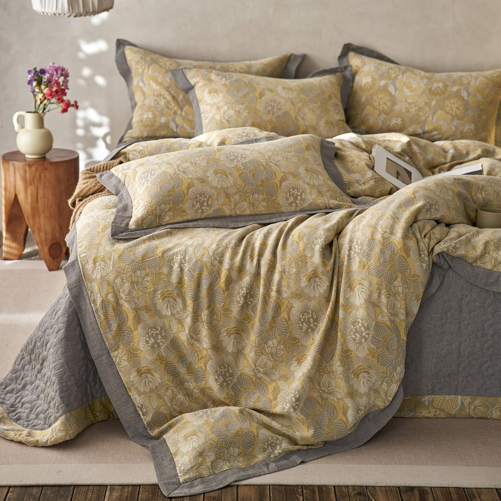 MKXI Golden Floral Queen Duvet Cover Set Muslin Guaze Textured Farmhouse Style Yellow Flowers Jacquard Bedding Comforter Cover Breathable Soft Duvet Cover for All Season Natural Cozy Bedding Set