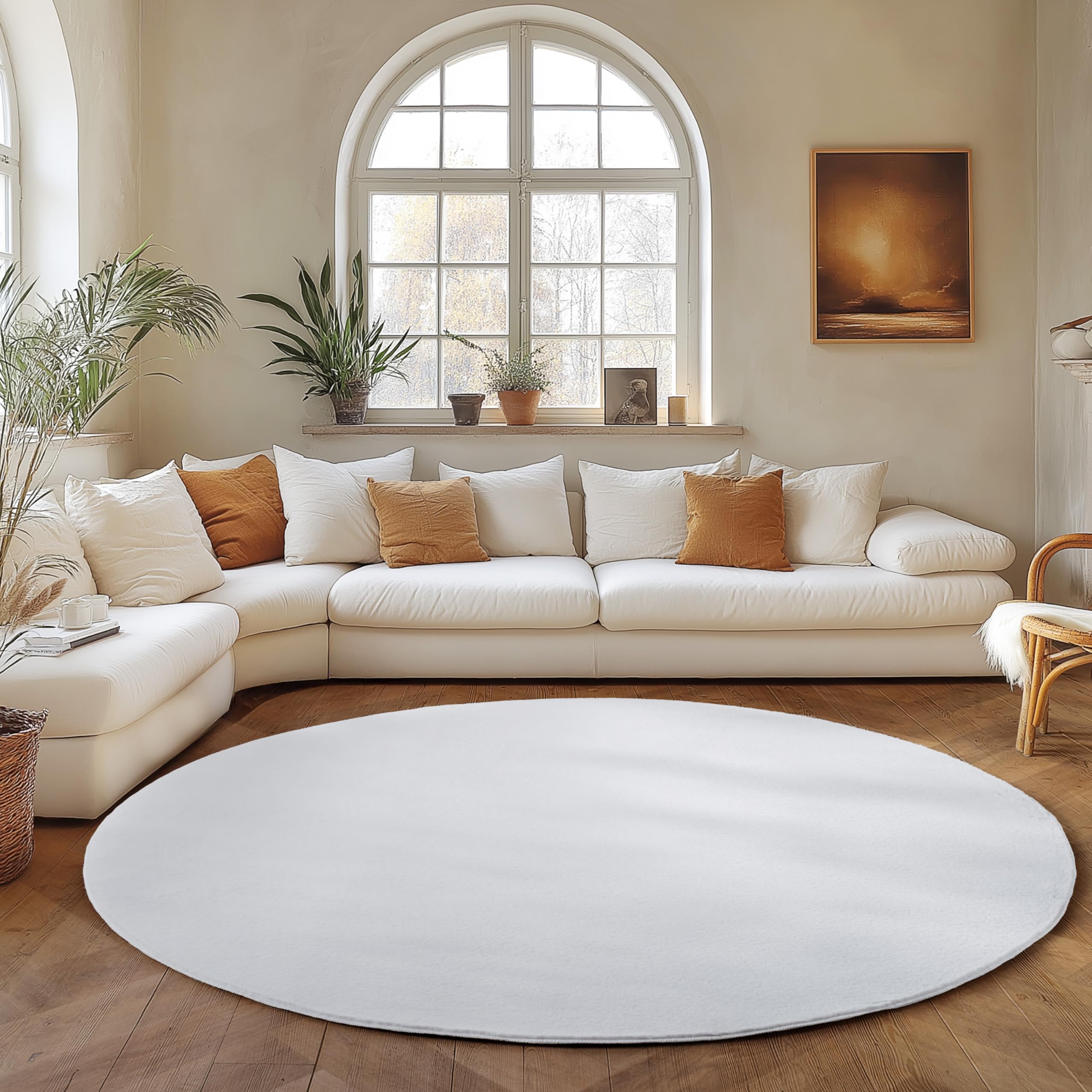 SIMPEX Alfombra Redonda Blanco 200 cm Alfombra Lavable de Pelo Corto, Redonda, Antideslizante y Suave, Diseño Monocromático Moderno para Sala, Dormitorio, Cocina y Habitación Infantil