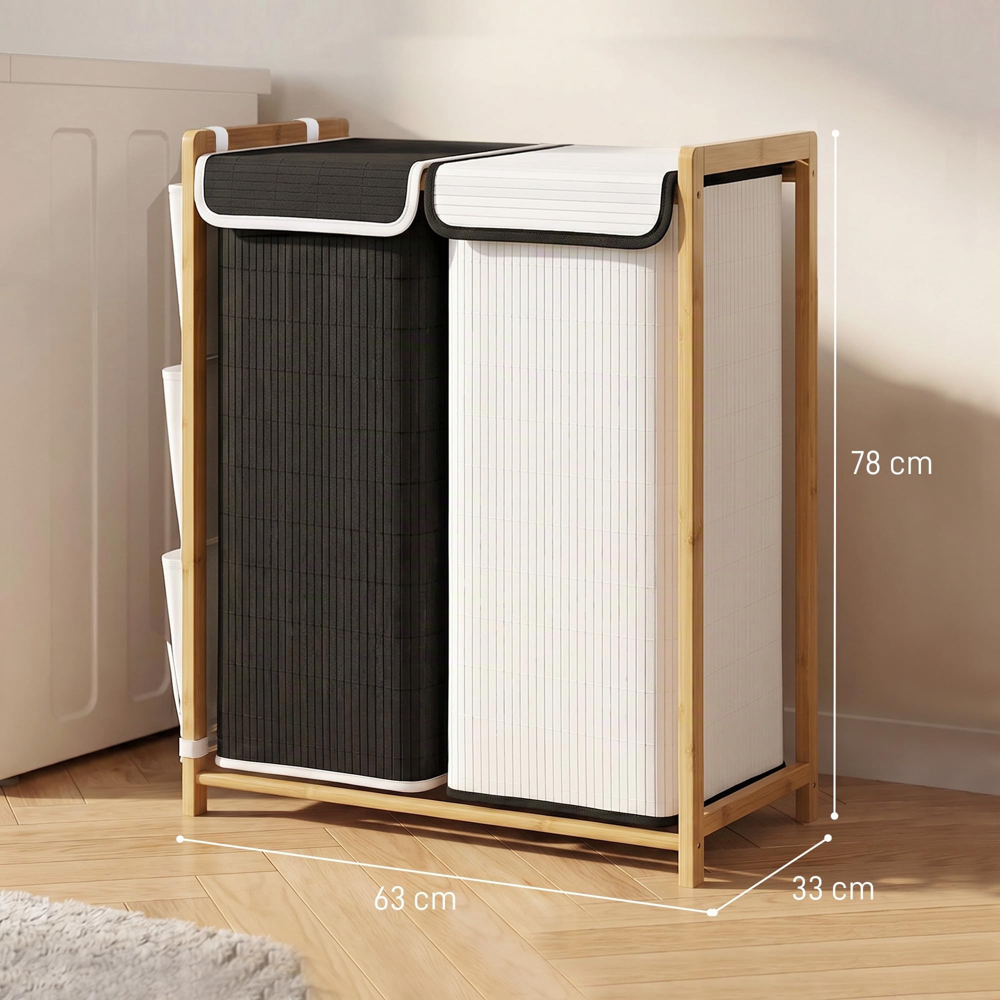 HOMCOM Cesto Portabiancheria 2 Scomparti 120L Coperchi Bambù Nero/Bianco | Tasche Laterali, Sacchi Estraibili, Grande Cesto Biancheria Sporca, per Camera da Letto e Bagno