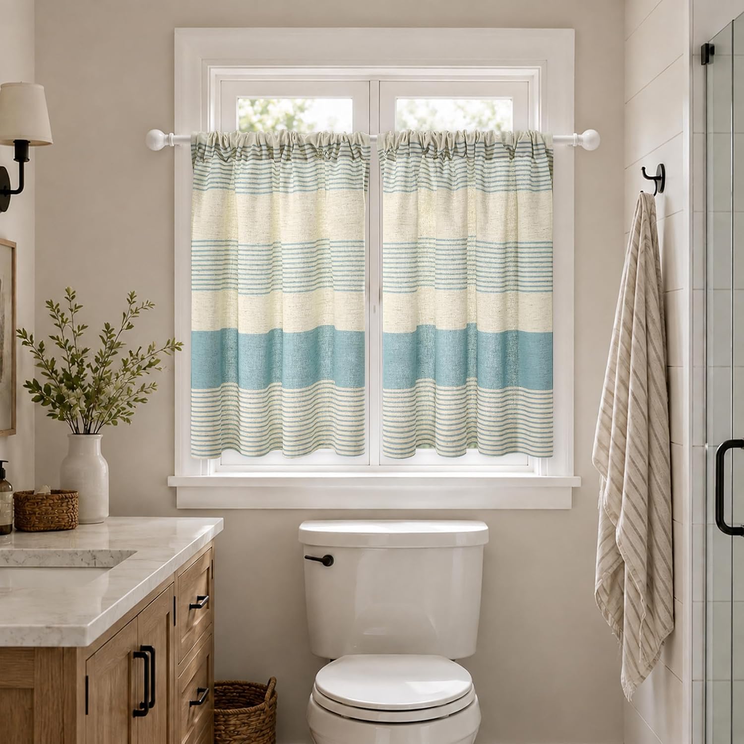 Striped Linen Kitchen Tier Curtains, 36 Inch, Fog Blue, 2 Panels
