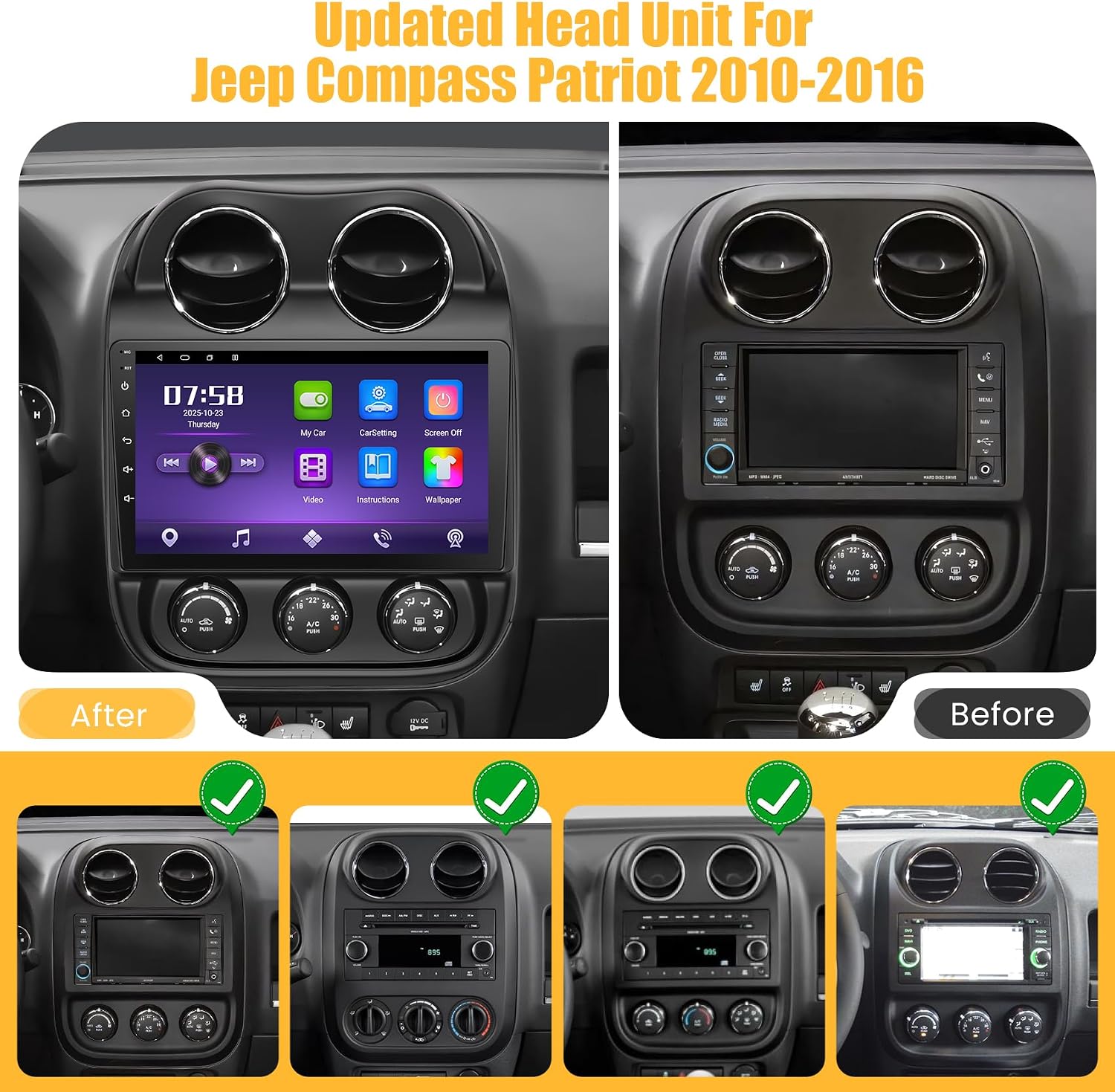 8 Core 6GB+128GB Car Radio for for Jeep Patriot Compass 2010-2016,10.2 Inch QLED Touch Screen Car Stereo with Carplay&Android Auto,WiFi,GPS Navigation,Bluetooth,FM&AM Radio,Android 15 image 2