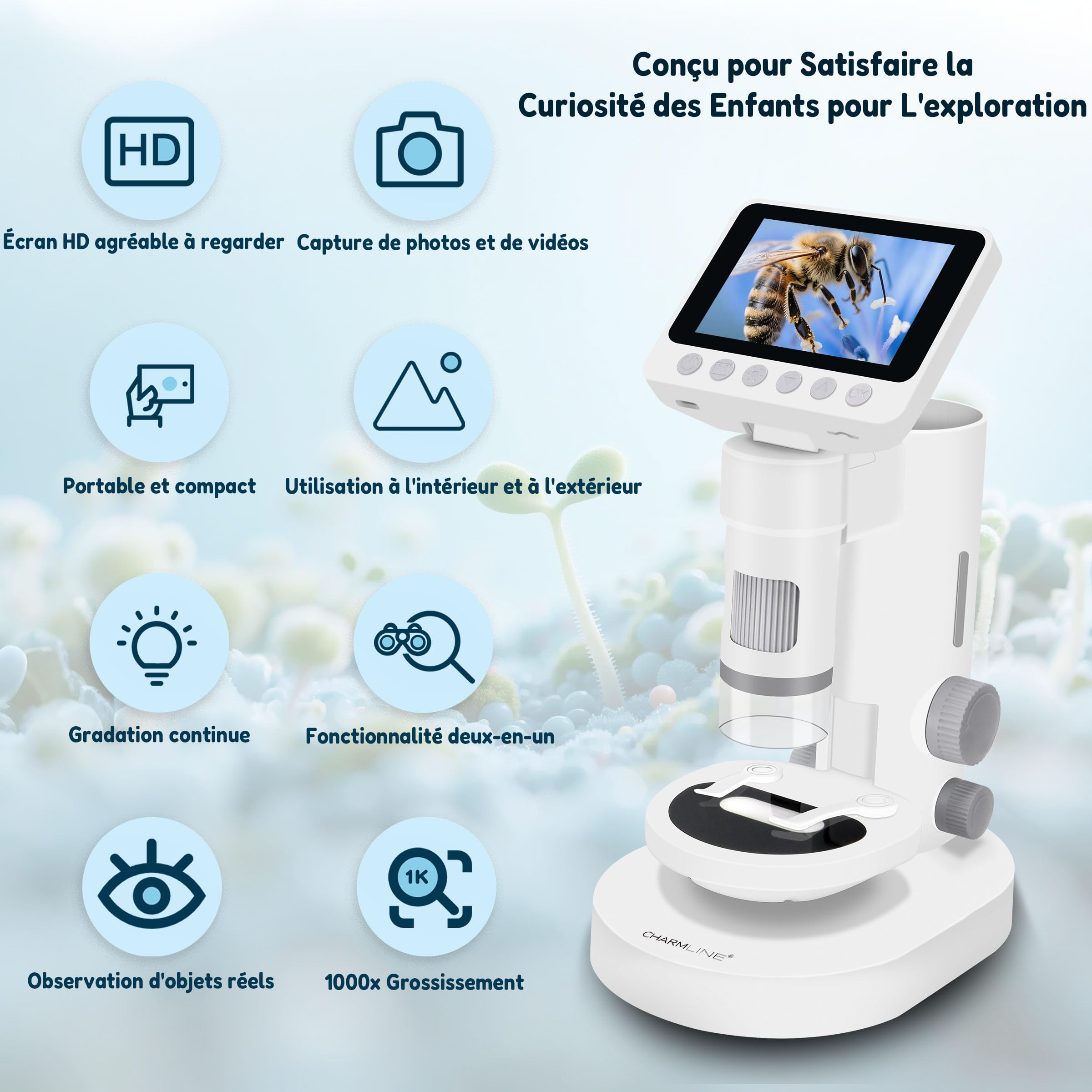 3-en-1 Microscope numérique pour Enfants, Cadeau pour Enfants à partir de 6 Ans, Utilisation Portable ou Fixe, Observation de la Nature en intérieur et en extérieur, 1000X, Carte SD 32 Go Incluse