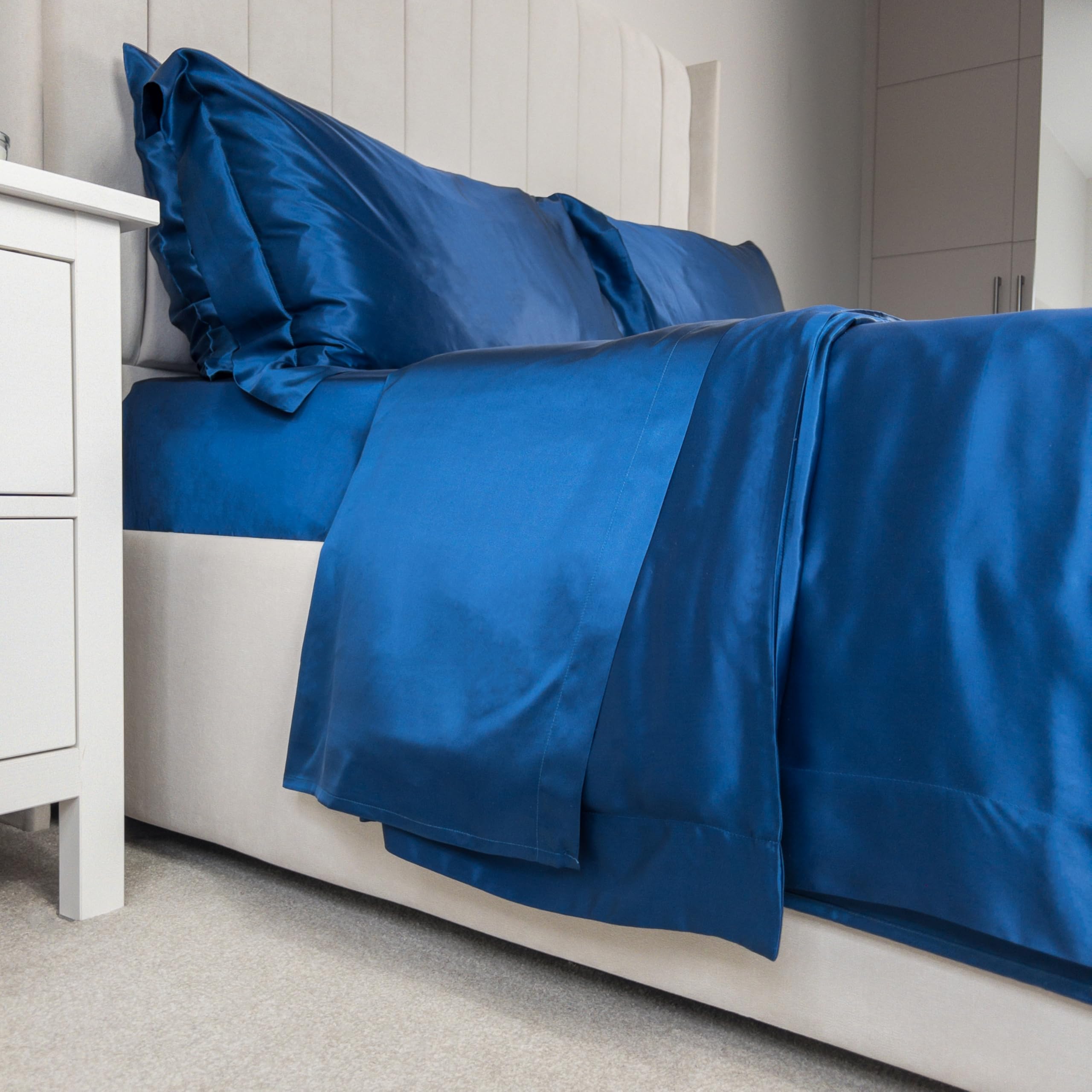 Jasmine Silk Navy 100% Mulberry 19Mm Charmeuse Silk Flat Sheet (Navy) (King/Superking 290Cm X 275Cm)