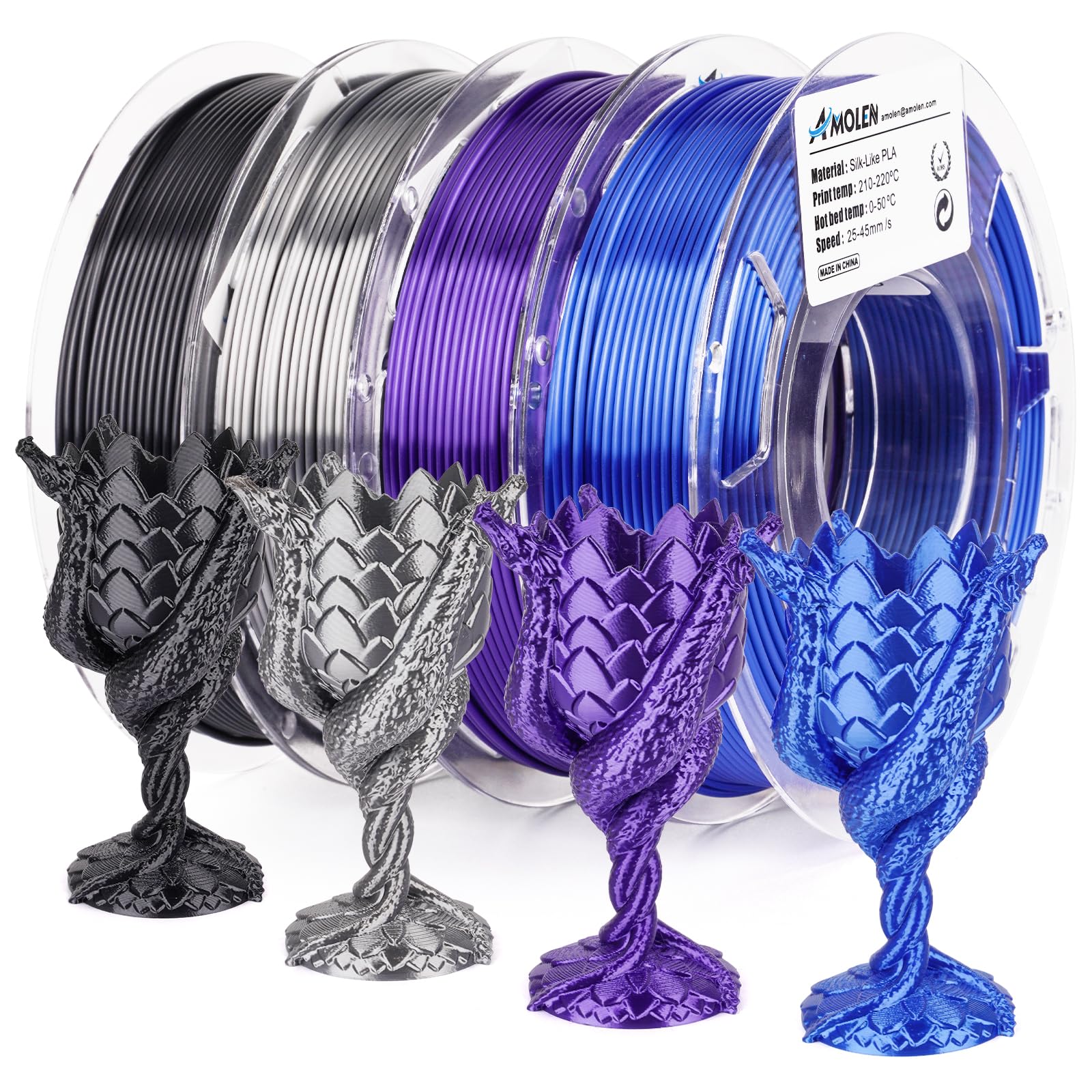 AMOLEN Silk 3D Printer Filament Bundle, PLA Filament 1.75mm Pack, Shiny 3D Printing Filament for Most FDM 3D Printer, Black, Purple, Silver Grey, Sapphire Blue, 200g X 4