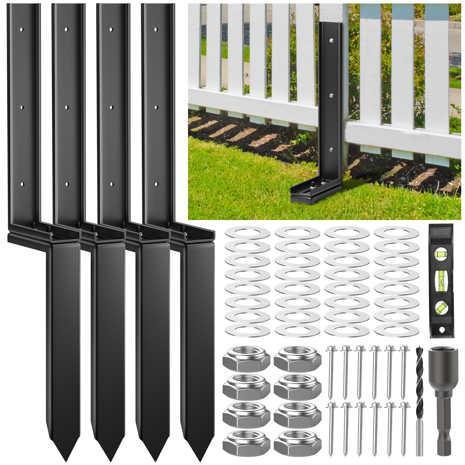 Housolution Fence Post Repair Kit, Steel Post Repair Stake with Adjustable Angle, Separated Anchor Ground Spike Easy to Fix Broken Wooden Posts, Rustproof Garden Fence Set (4 Pack)