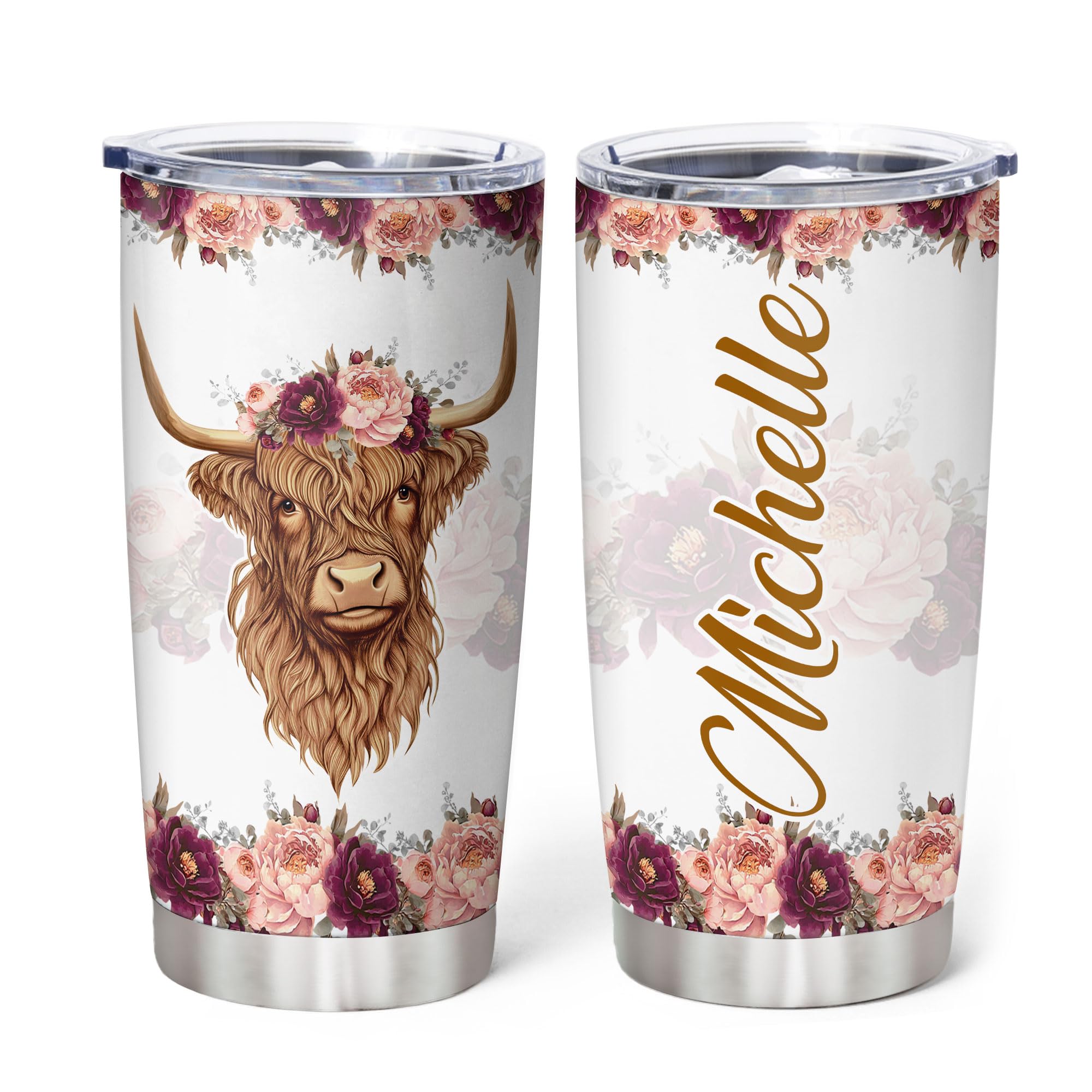 Hyturtle Personalized Gifts For Highland Cow Lover - Highland Cow Customized Name Stainless Steel Tumbler 20oz With Lid - Idea Farm Animals Lover Gifts For Women, Girl, kids On Birthday, Christmas