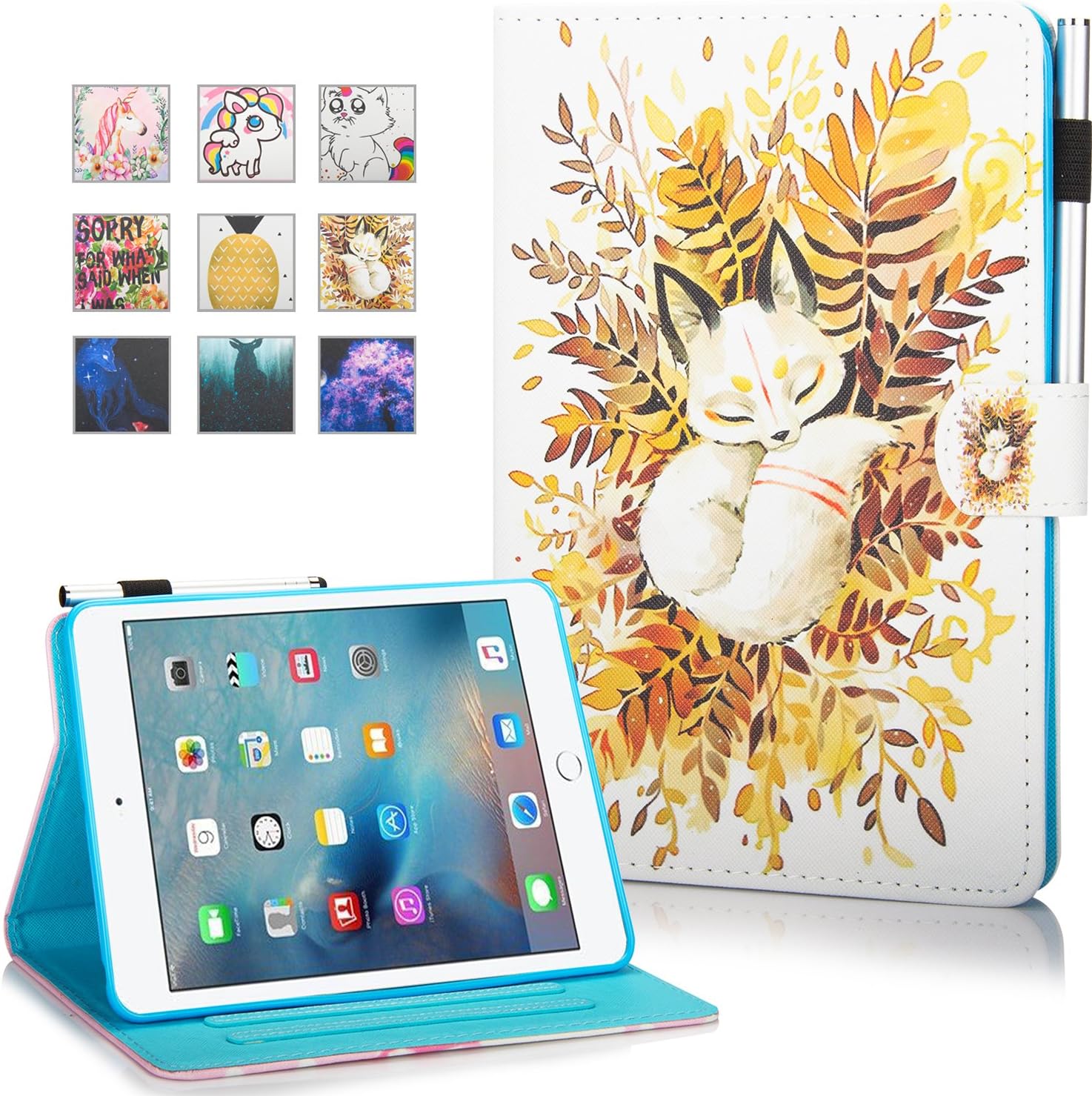 MonsDirect Case for iPad Mini 1 2 3 4 Mini 5, Leather Smart Kickstand Case Flip Wallet Protective Case Compatible with iPad Mini 1 2 3 4 Mini 5 2019, Baby Fox