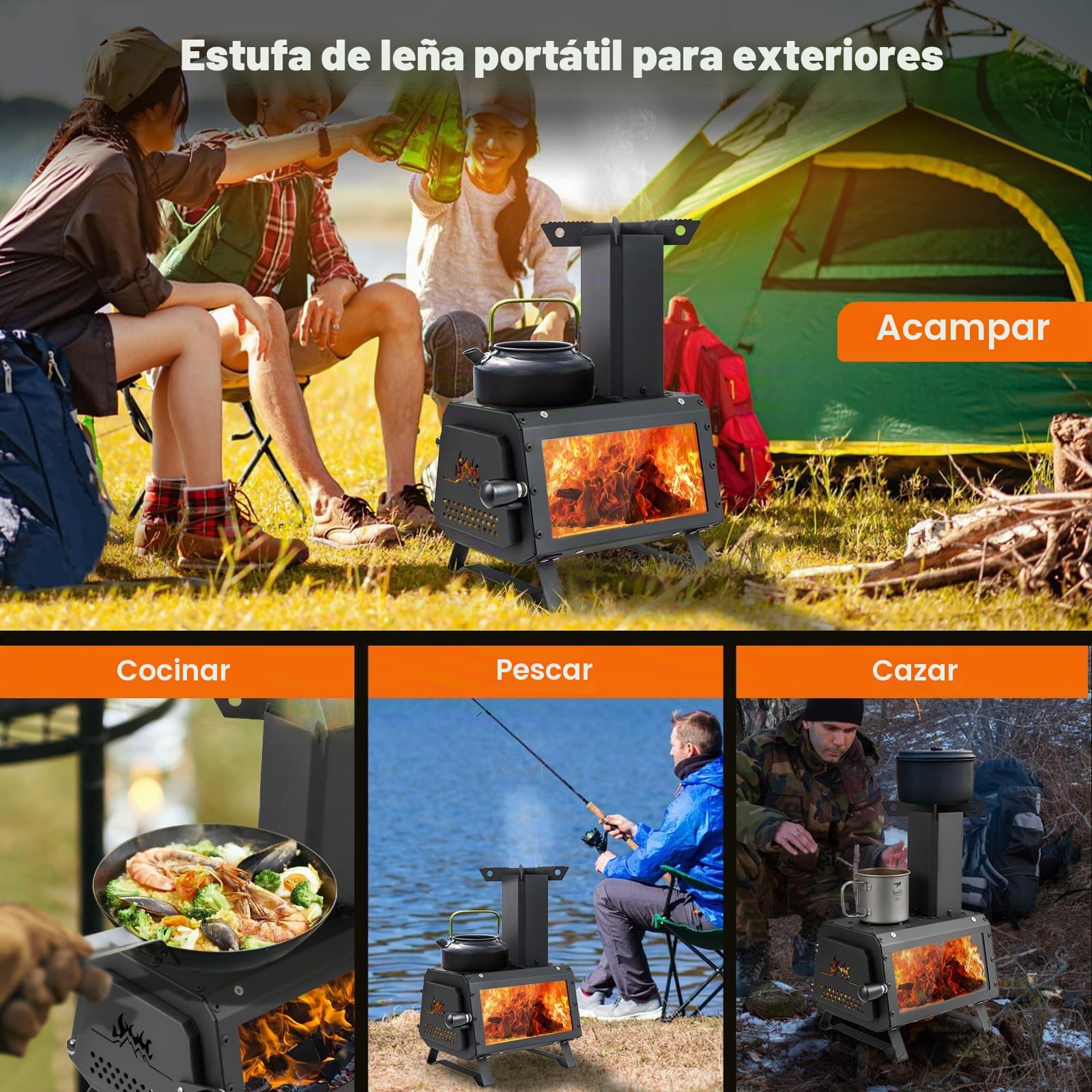 GYMAX Estufa de Leña, Estufa Portátil para Camping con 2 Posiciones de Cocción， 3 Ventilaciones de Aire, Ventana Visual Grande, para Cocinar y Calentar al Aire Libre