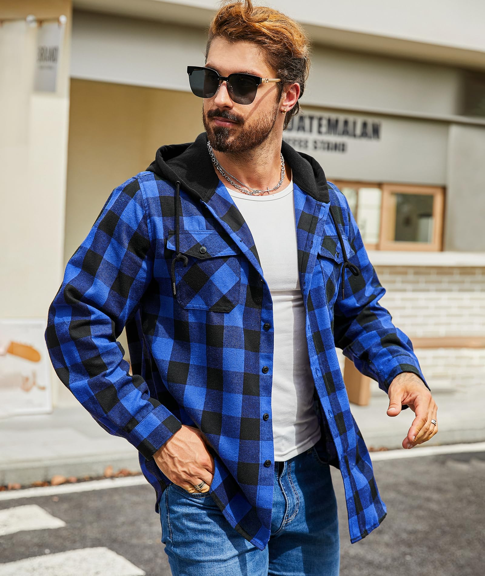 SwissWell Camicia Uomo Flanella Felpe Uomo Camicia a Quadri Manica Lunga Casual Camicia con Cappuccio M-3XL