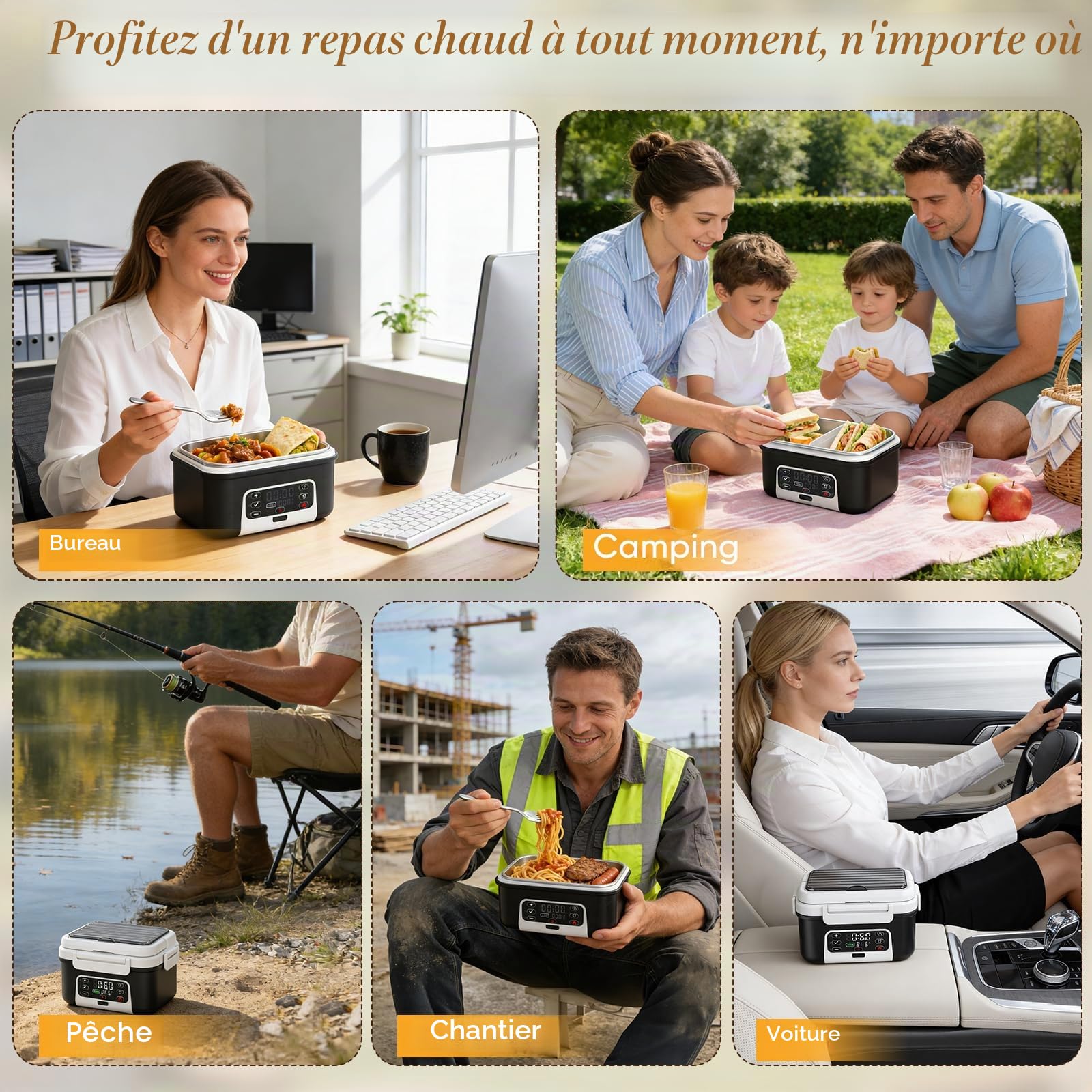Gamelle Chauffante, 1.5L Intelligente Boîte à Lunch Chauffante avec écran Tactile, Boîte à Lunch Chauffante Sans Fil avec Vaisselle en Acier Inoxydable et Sac Isotherme, Idéale pour le Bureau