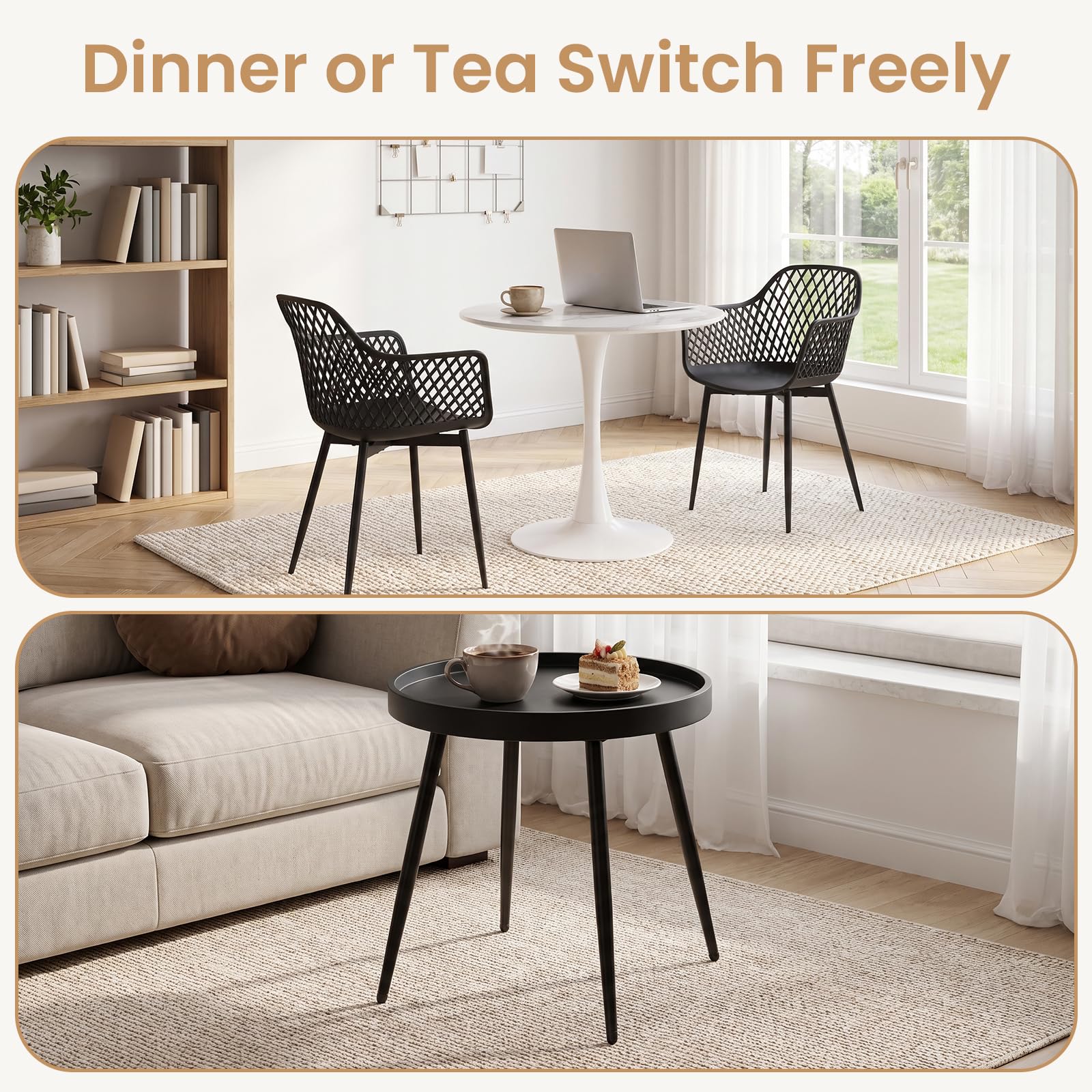 Tavolo bistrot con 2 sedie, piccolo tavolo da pranzo con 2 sedie | Set tavolo e sedie per sala da pranzo: 2 poltroncine nere + 1 tavolino + 1 tavolo effetto marmo – ⌀ 80 cm