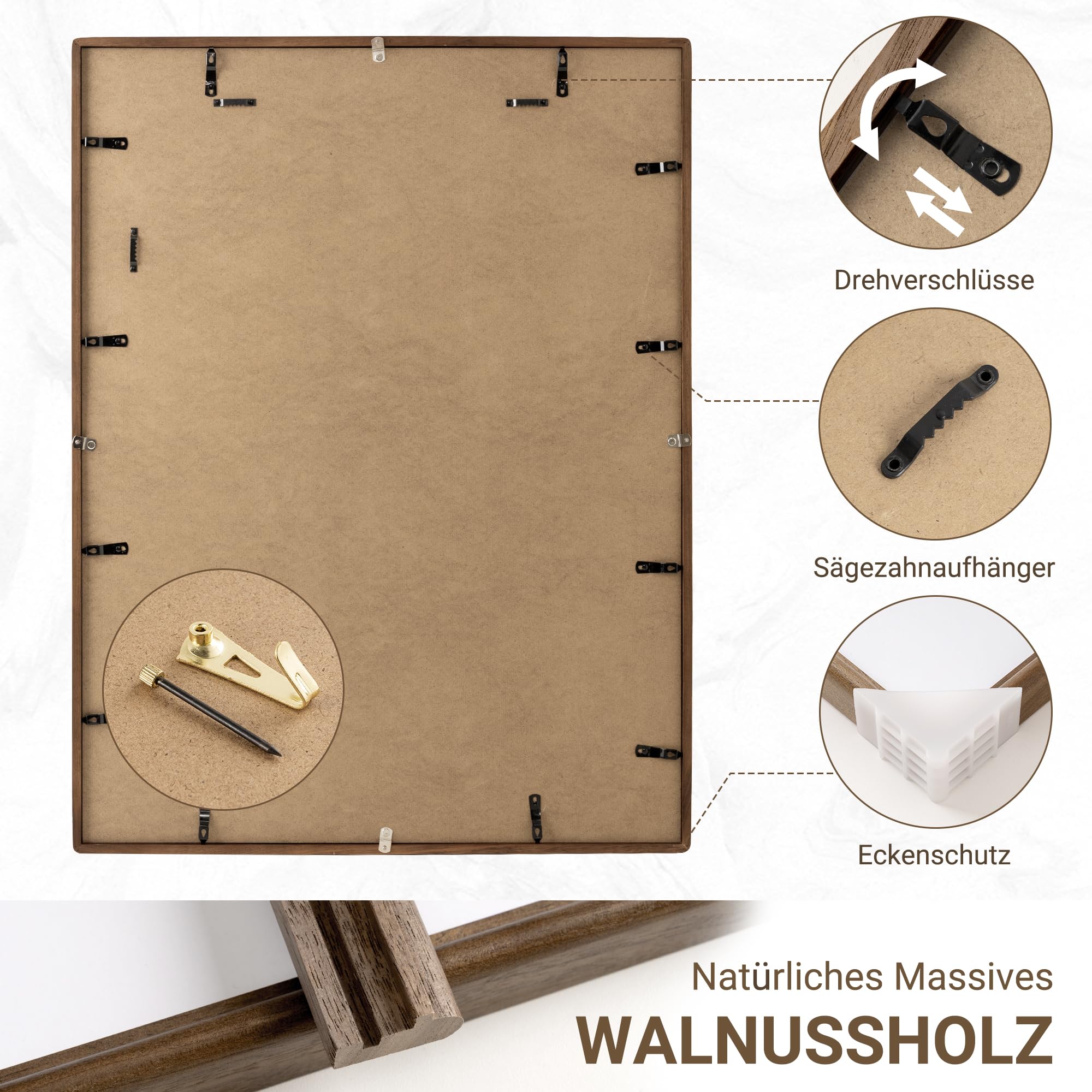 Bilderrahmen 45x60cm aus Massivholz Nussbaum, HD Gehärtetes Glas, Fotorahmen mit Passepartout für 34x49cm, Modern, Deko für Wohnzimmer & Büro, Wandmontage