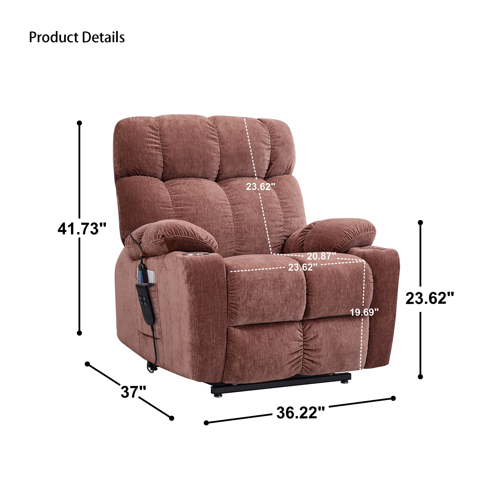 Electric Power Lift Recliner Chair Sofa for Elderly with Massage and Heat, 3 Positions Adjustable,2 Side Pockets Armchair, Rose Lay Flat 180°Cup Holders B