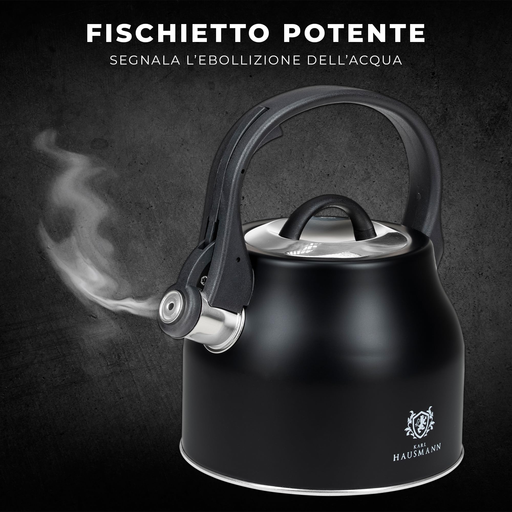 KARL HAUSMANN Bollitore Induzione 2,3L Acciaio Inox con Fischio - Teiera per Piano a Gas, Vetroceramica ed Elettrico - Bollitore Acqua Cucina con Coperchio