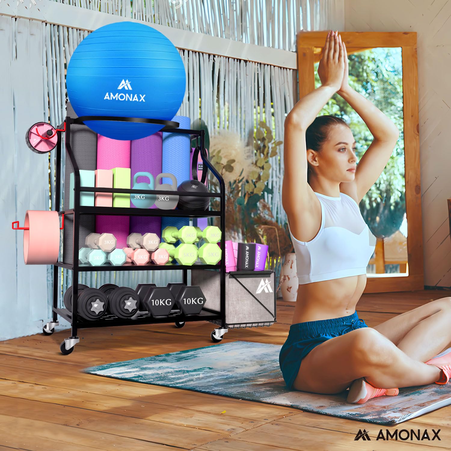 Amonax Rastrelliera Manubri Palestra, Yoga Organizer Kettlebell Rastrelliera Manubri, Porta Manubri Attrezzatura Palestra per Bilanciere, Rullo in Schiuma, Attrezzi per Palestra in Casa per Donne