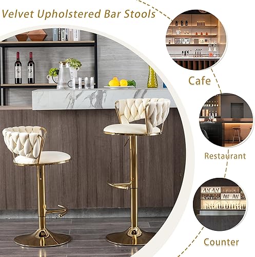 Miniatura 57 de Juego de 2 taburetes de bar de terciopelo giratorios con base de metal dorado, taburetes de bar modernos de altura de mostrador para cocina, pub,