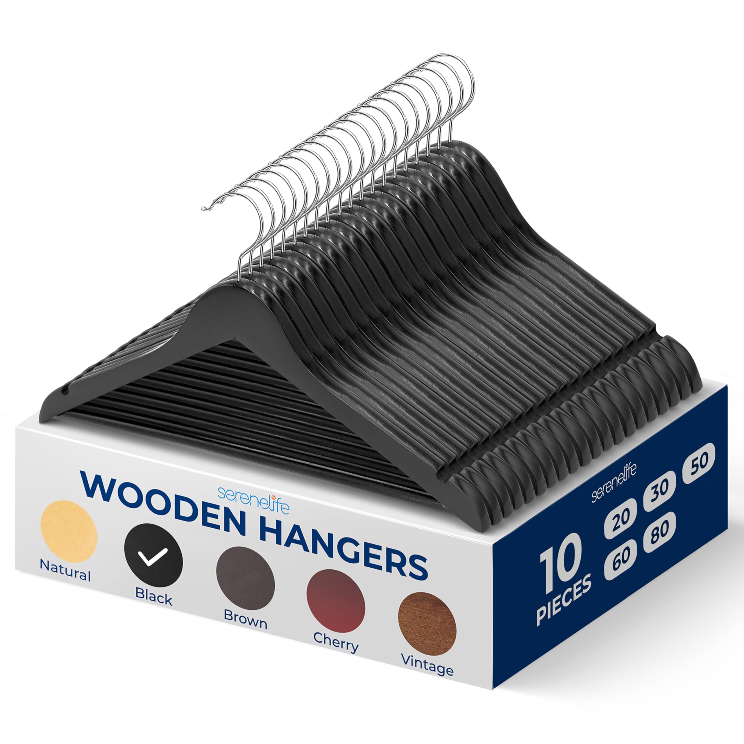 SereneLife Wooden Hangers 10 Pack, Non-Slip, Sturdy, Heavy Duty Suit Hanger Set with 360° Chrome Swivel Hook, Space-Saving Wood Hangers Closet Organizer for Clothes, Coat, Pants, Dress (Black)