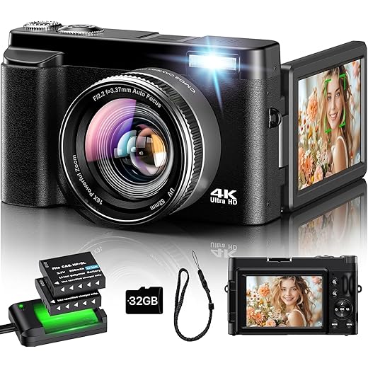 Digitale camera 4K, 48MP 16X Autofocus Digitale Zoom Fotocamera, 3 Inch 180° Flip LCD-scherm Compact Vlogging Fotografie Camera met Oplaadstation, 2 batterijen, 32 GB kaart voor kinderen en beginners