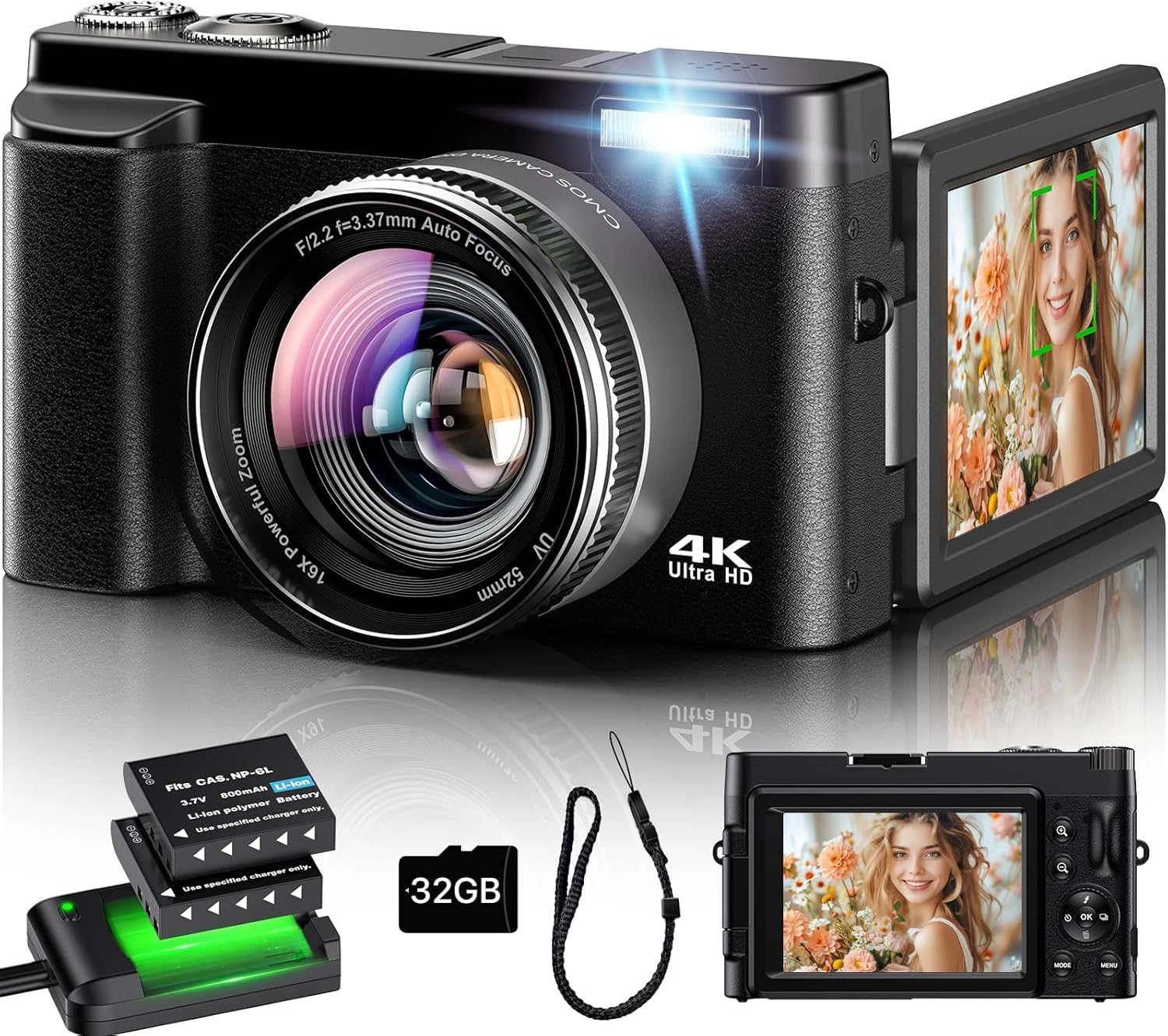 Fotocamera Digitale 4K, 48MP Autofocus Macchina Fotografica con Zoom 16X, Vlog Fotocamera Compatta HD con Stazione di Ricarica, 2 Batterie, Scheda da 32 GB per Principianti, Bambini