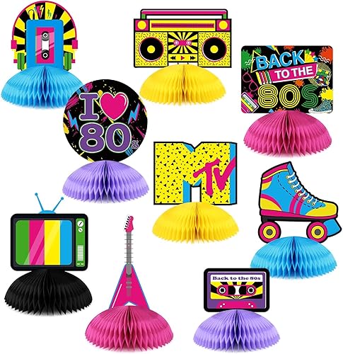 Miniatura 1 de Distaratie Decoraciones de fiesta de los años 80 10 centros de mesa de panal de neón para cumpleaños de los años 80, bodas, despedidas de soltera,