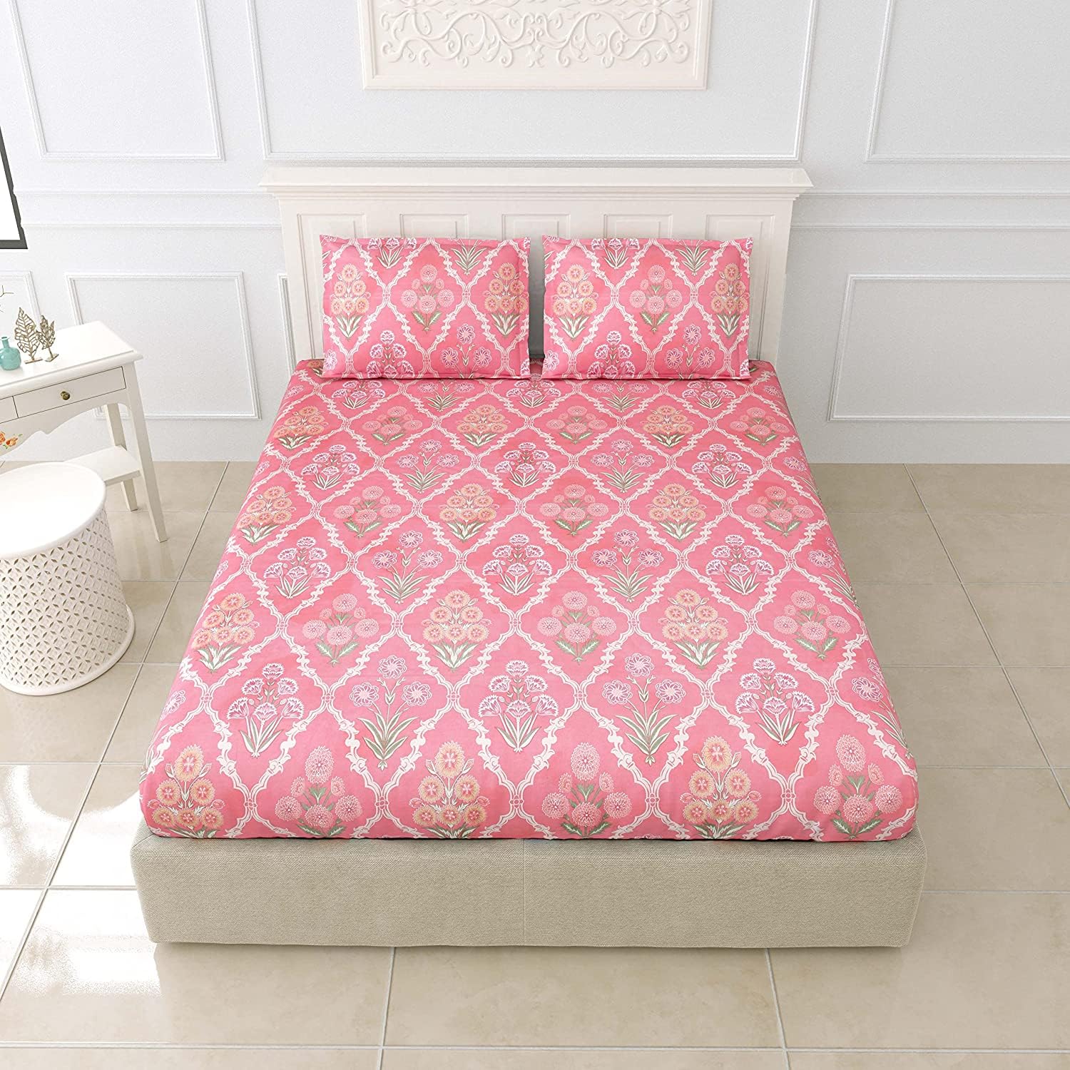 DECOMIZER Cotton Feel Glace Cotton Elastic Fitted Printed King Size Double Bed Bedsheet with 2 Pillow Coverm Fits Upto 10 to 12 inches Mattress,Size- 72x78x14 Inches,Pink Jaipuri