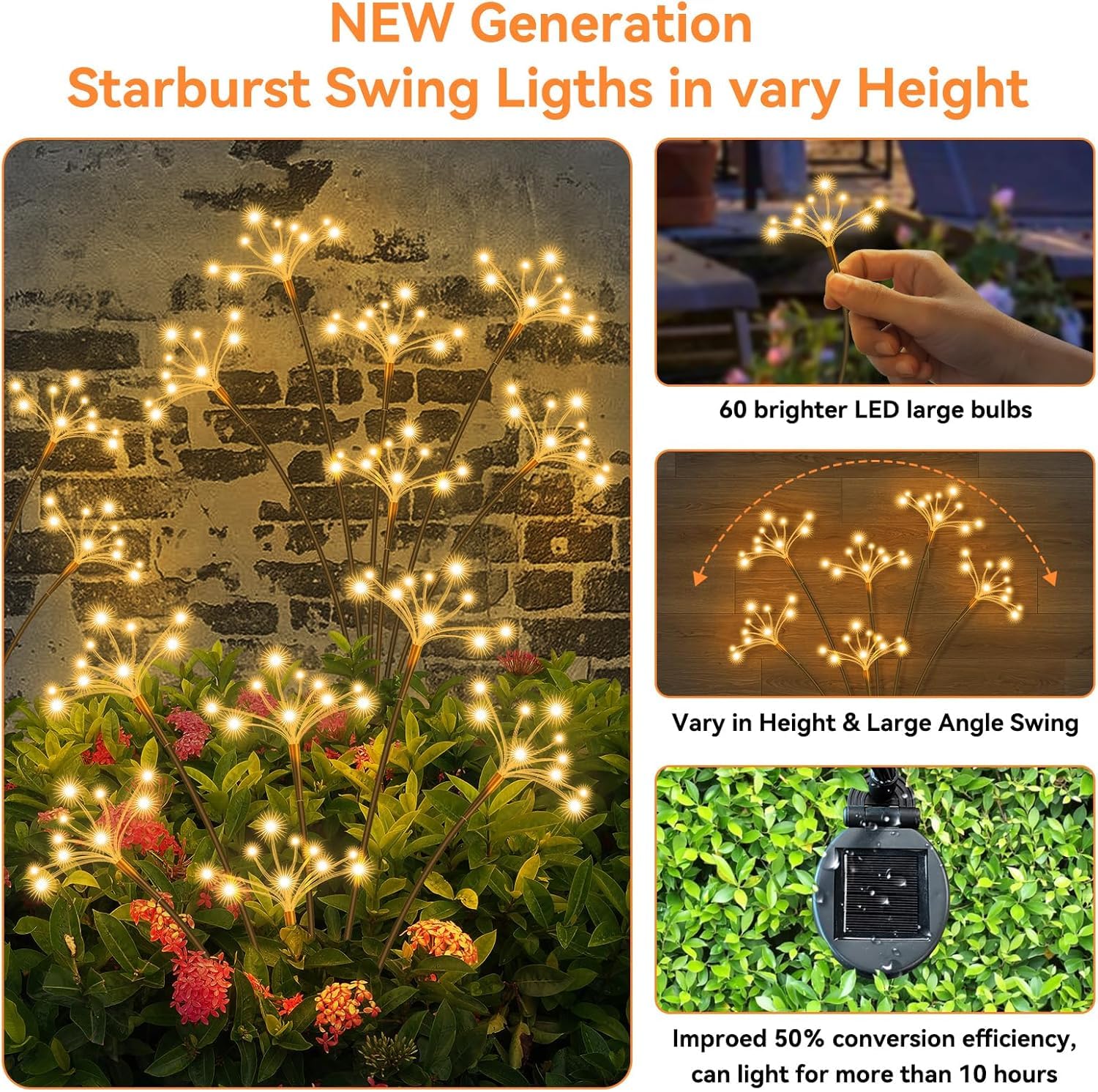 Kizozo Solar Lights Outdoor Garden Firework 2PACK 200LED, Garden Ornaments Decoration IP65 Waterproof, Outdoor Solar Lights, Warm White - Image 2