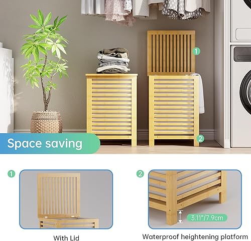 Miniatura 6 de SMIBUY Cesta doble para ropa sucia con tapa, cesta de bambú de 120 litros con bolsa extraíble con forro extraíble, separador de ropa de 2 secciones