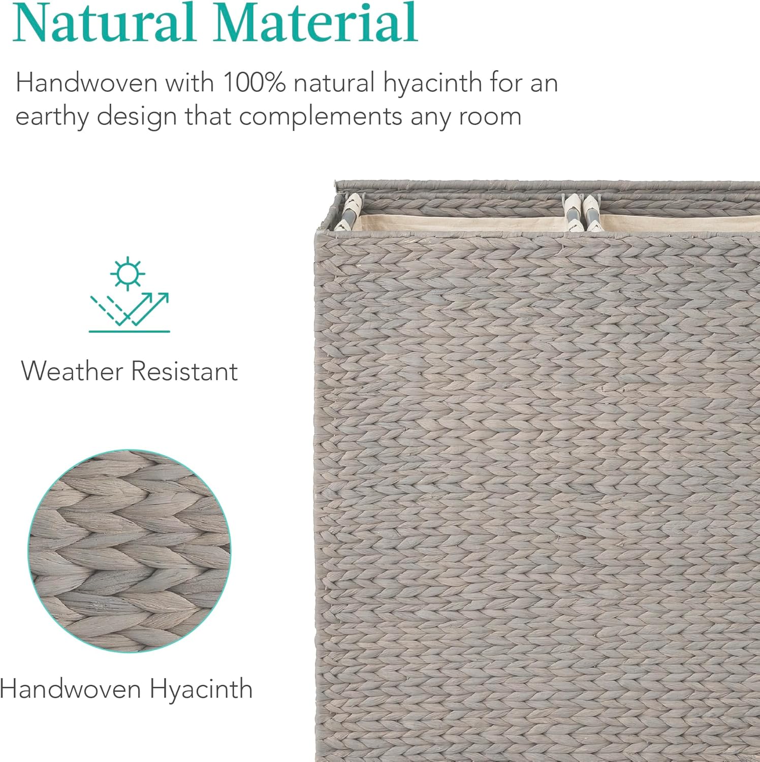 Large Gray Handwoven Water Hyacinth Double Laundry Hamper with Lid
