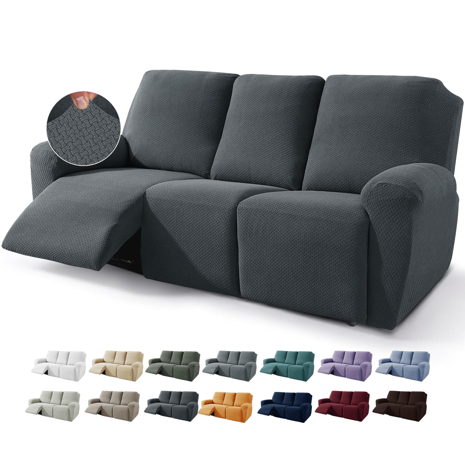 JIVINER 8-Piece Recliner Sofa Cover Stretch Jacquard Reclining Couch Cover for 3 Cushion Recliner Slipcovers 3 Seater Recliner Furniture Covers with Pocket (Sofa Recliner, Dark Gray)