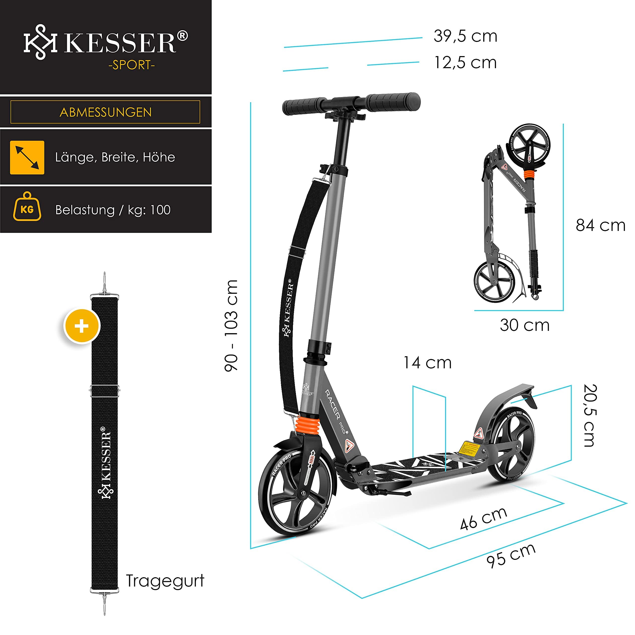 KESSER® Monopattino Cityroller Scooter Ruote da 205 mm PU Big Wheel - PRO-S con Doppia Sospensione, Scooter da Città Pieghevole e Regolabile in Altezza, Monopattino per Adulti e Bambini