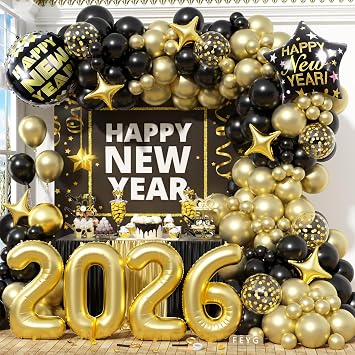 Black and Gold Balloon Arch, Happy New Year Balloon Garland Kit with New Years Foil Balloons & 2026 Number Balloon for 2026 Eve Party Decorations