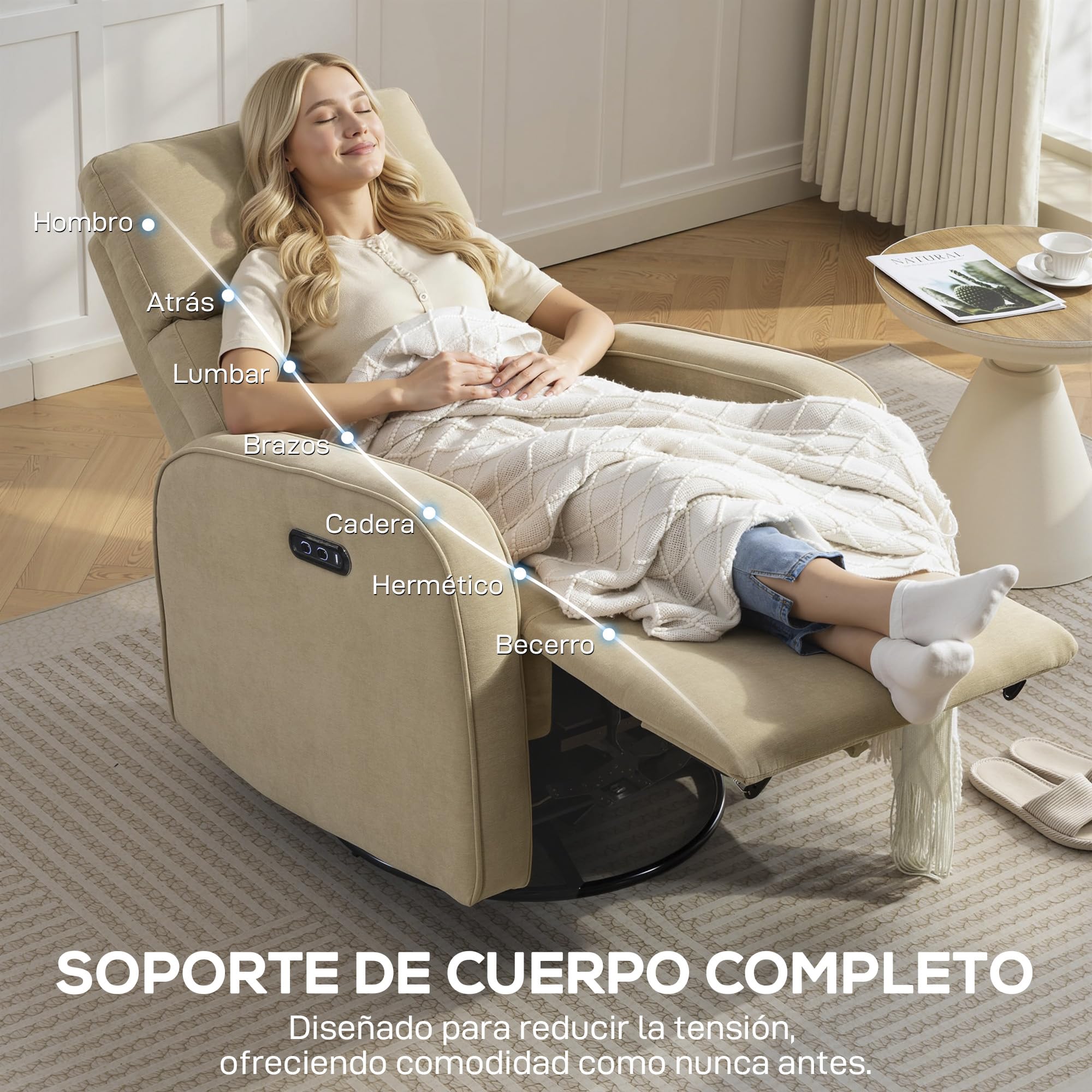 HOMCOM Sillón Relax Reclinable Eléctrico con Doble Motor Reposapiés Beige | Sillón Reclinable de Chenilla Giratorio, Balancín, Reposacabezas Ajustable, Puertos USB y USB-C, Botones Iluminados