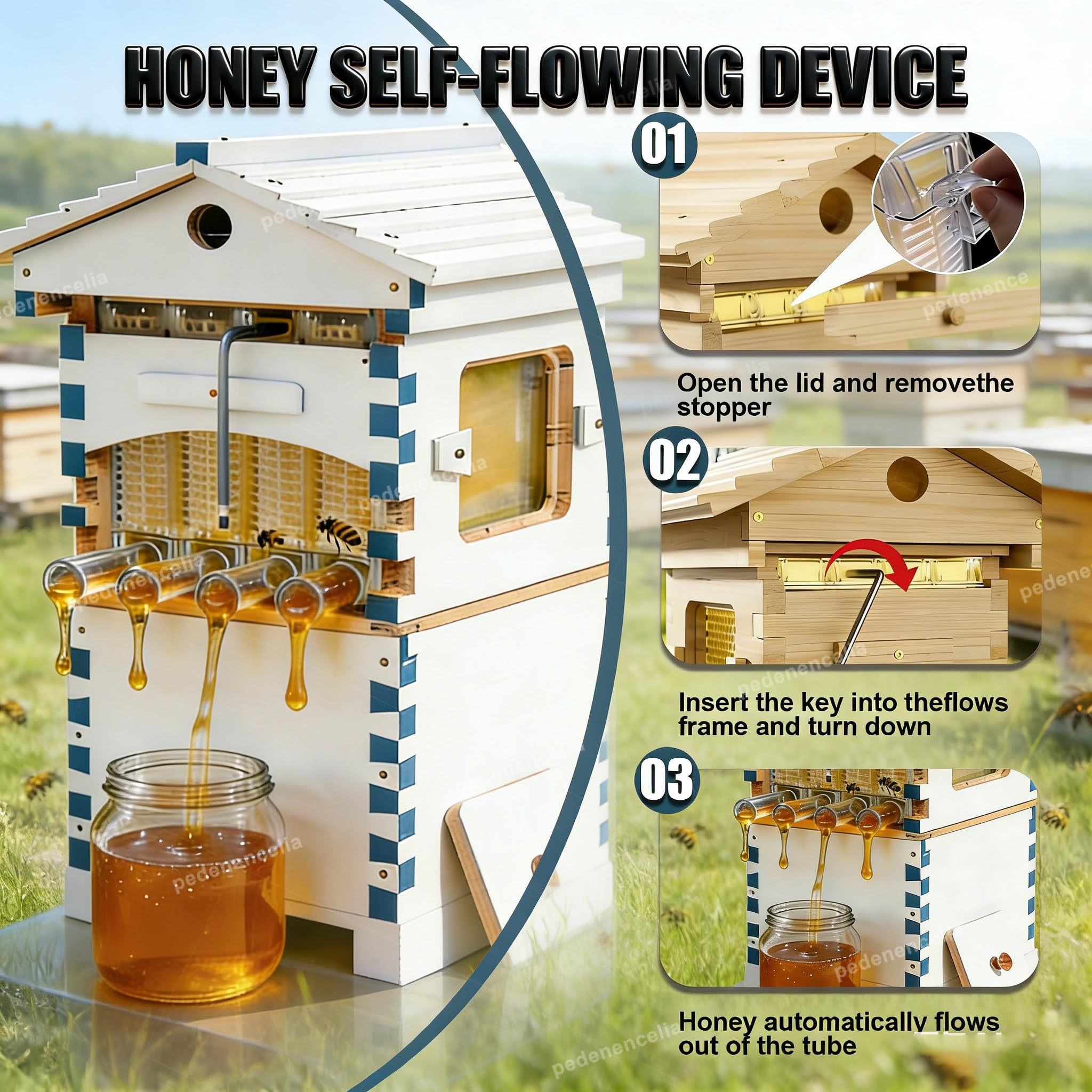 Ruche Flow 2-en-1, Coffre d'Apiculture en Bois Style Cabane avec 4 ou 7 Cadres Auto Super & Grande Fenêtre d'Observation, pour l'Élevage de Colonies d'Abeilles 4frame