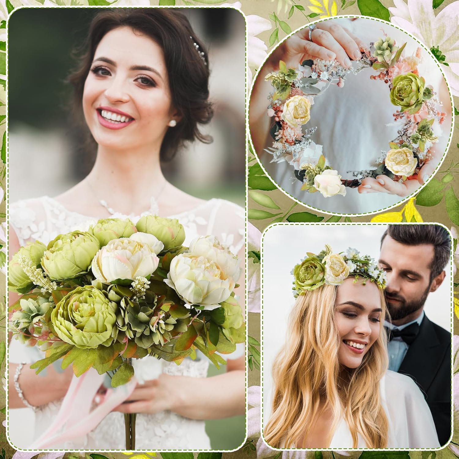Silk Peony Flower Arrangement, 2 Bouquets Vintage Green & White Artificial Hydrangea Stems for Wedding, Home, Centerpiece, Table Decor