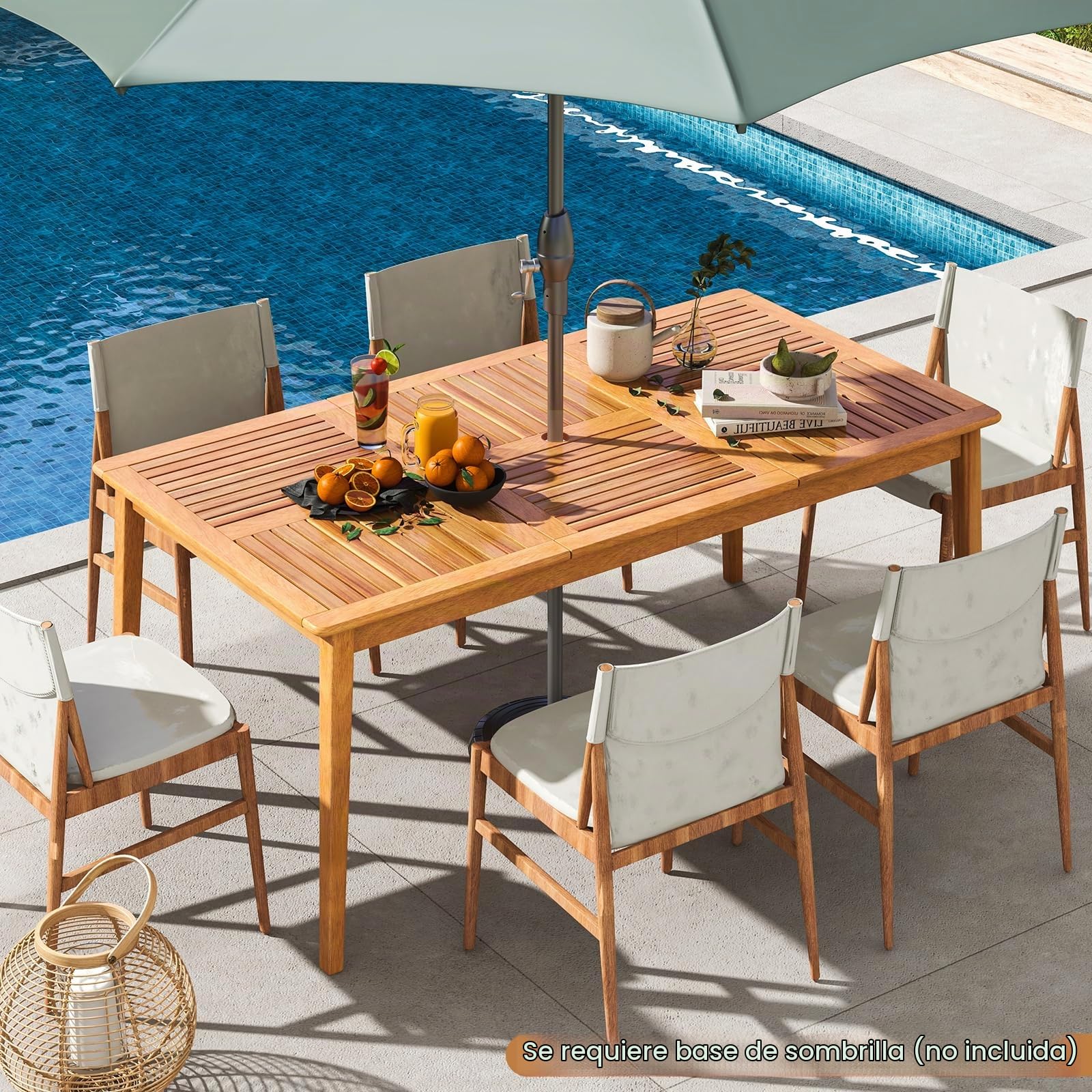 KOMFOTTEU Mesa de jardín de Madera de Acacia, Mesa de Comedor con Orificio para Sombrilla, Mesa Rectangular para 4/6/8 Personas, para Terraza, Balcón, Patio (Mediano)