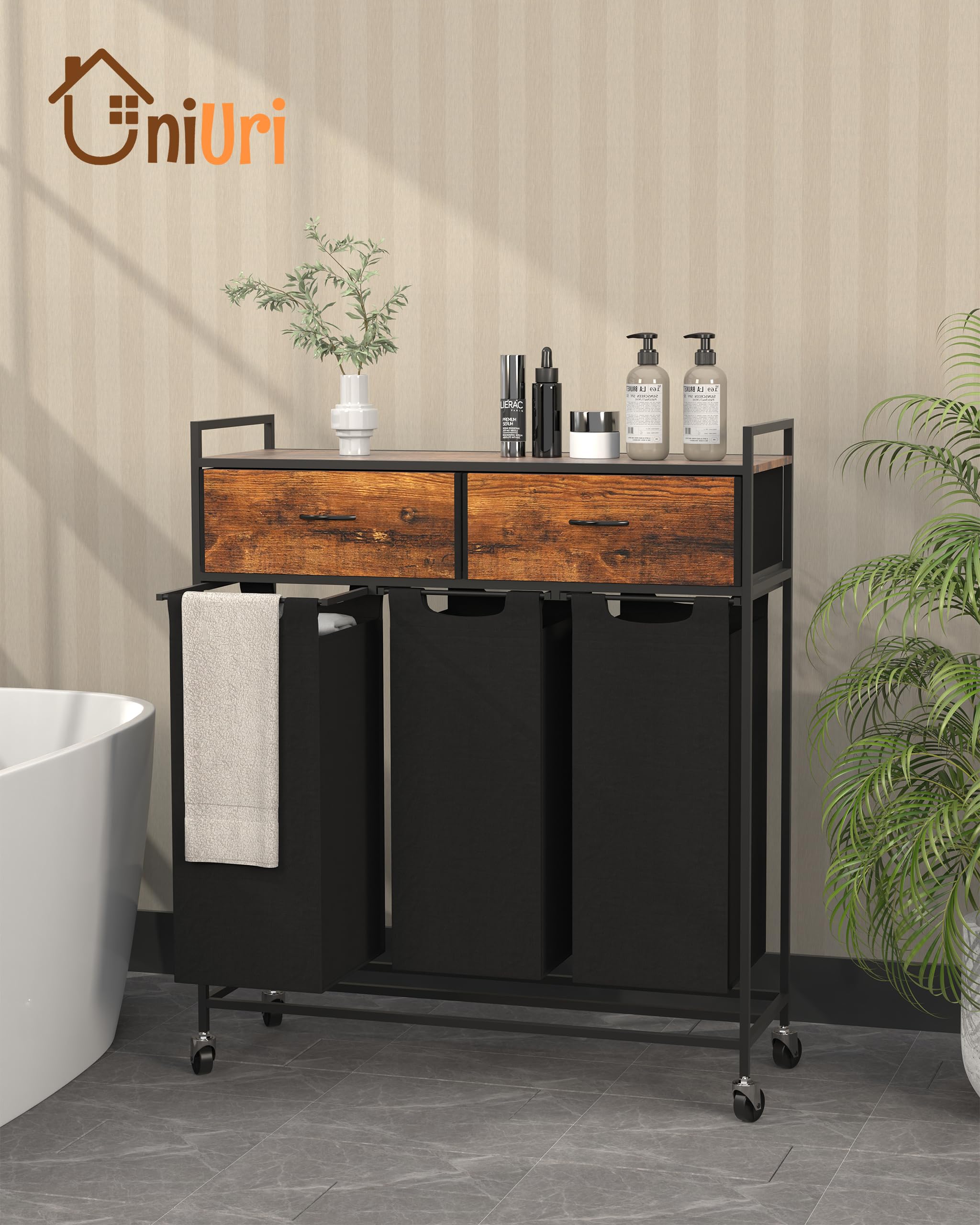 Laundry Basket with 2 Large Drawers - Compartment Laundry Hamper, 3 Removable Sections Laundry Bags Made of Oxford Fabric, Particleboard Shelf and Metal Frame, Oversize 39"x13"x 37"