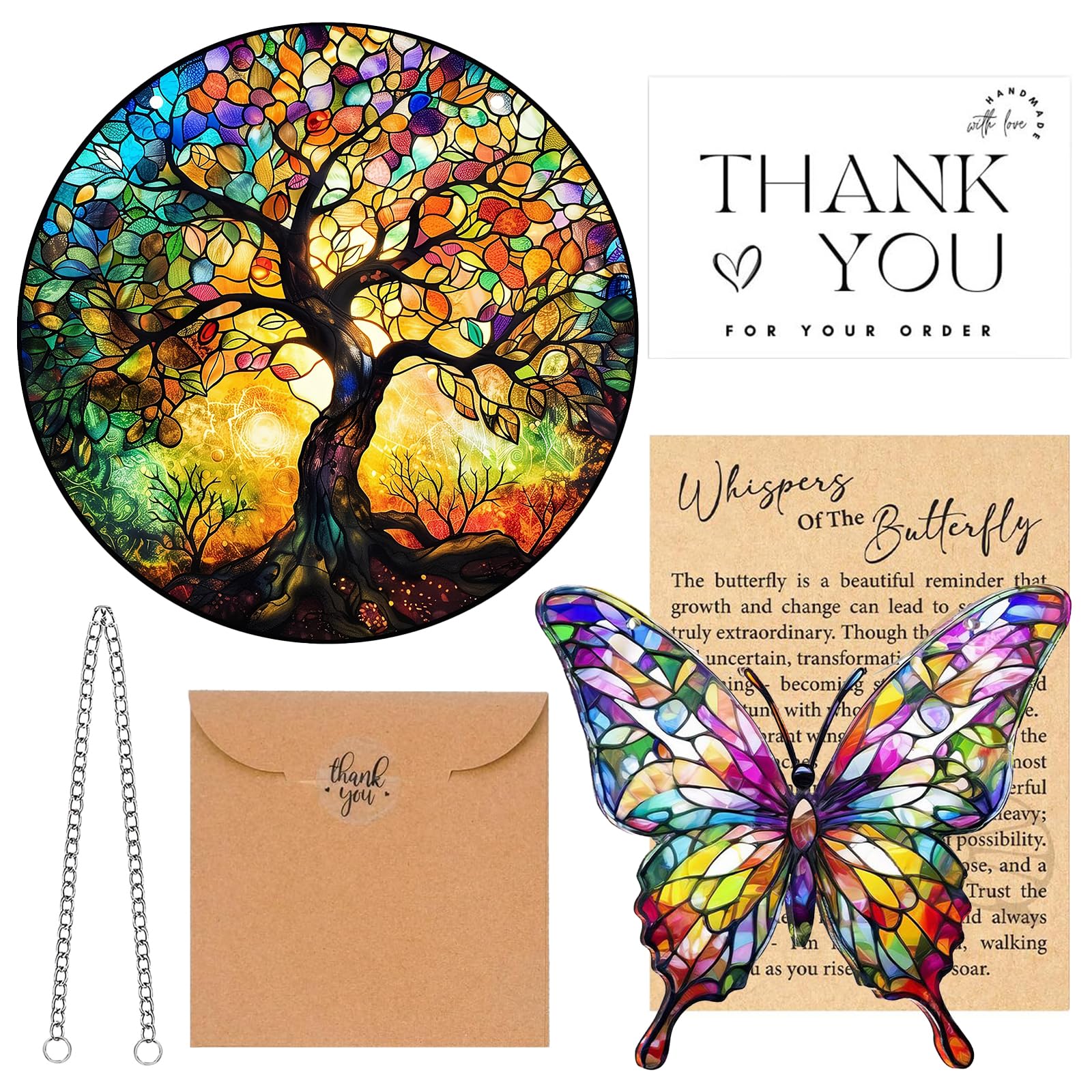 Hocklliy Multicolor 2 Pcs Tree Of Life And Butterfly Suncatchers For Windows With Greeting Card Envelope Stained Glass Acrylic Material Sun Catcher For Home Garden Office Decorative