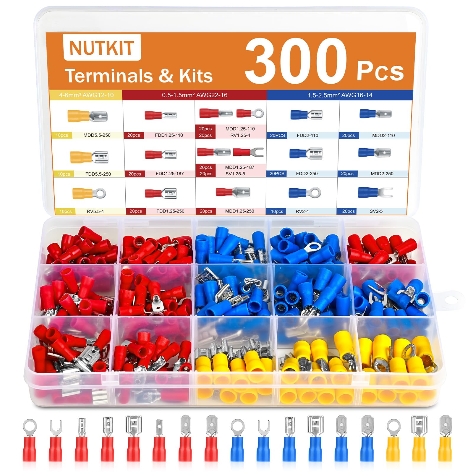 NUTKIT 300 Pcs Electrical Crimp Connectors, 17 Insulated Terminals, 0.5-6mm² Cable Lugs Set, Crimp Spade Bullet Cable Ring Wire Connectors, Male/Female Insulated Terminal