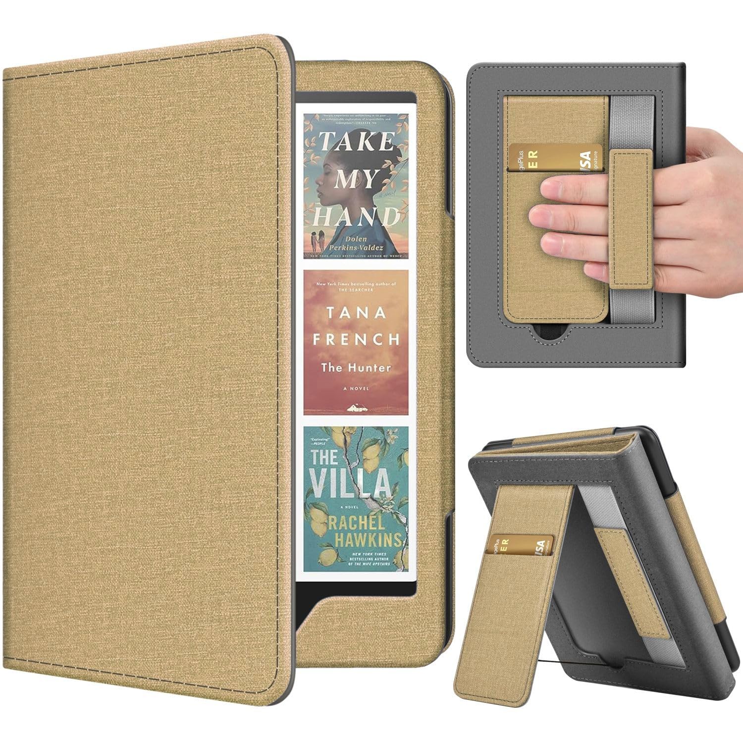 TNP Stand Case with Strap for Kindle Paperwhite 12th Gen 2024 / Kindle Colorsoft Signature Edition - 7" PU Leather Protective Folio Cover with Auto Wake/Sleep & Card Slot, Gold