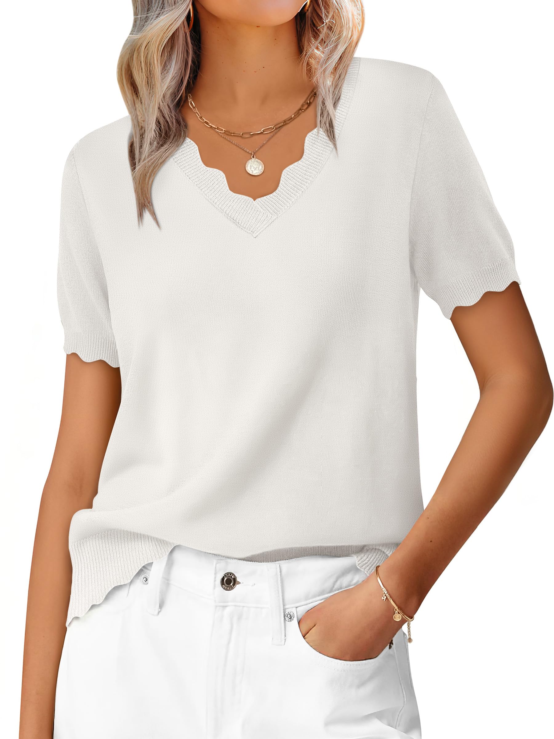 ANRABESS Short Sleeve Sweater for Women V Neck Ribbed Knit Lightweight Sweaters Top 2026 Summer Business Casual Outfits