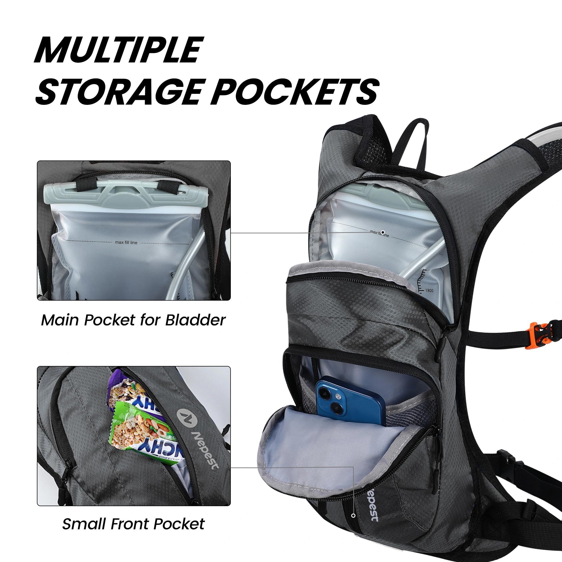Nepest Sac à dos d'hydratation avec poche à eau de 2 L, sac à dos léger pour randonnée, course à pied, vélo