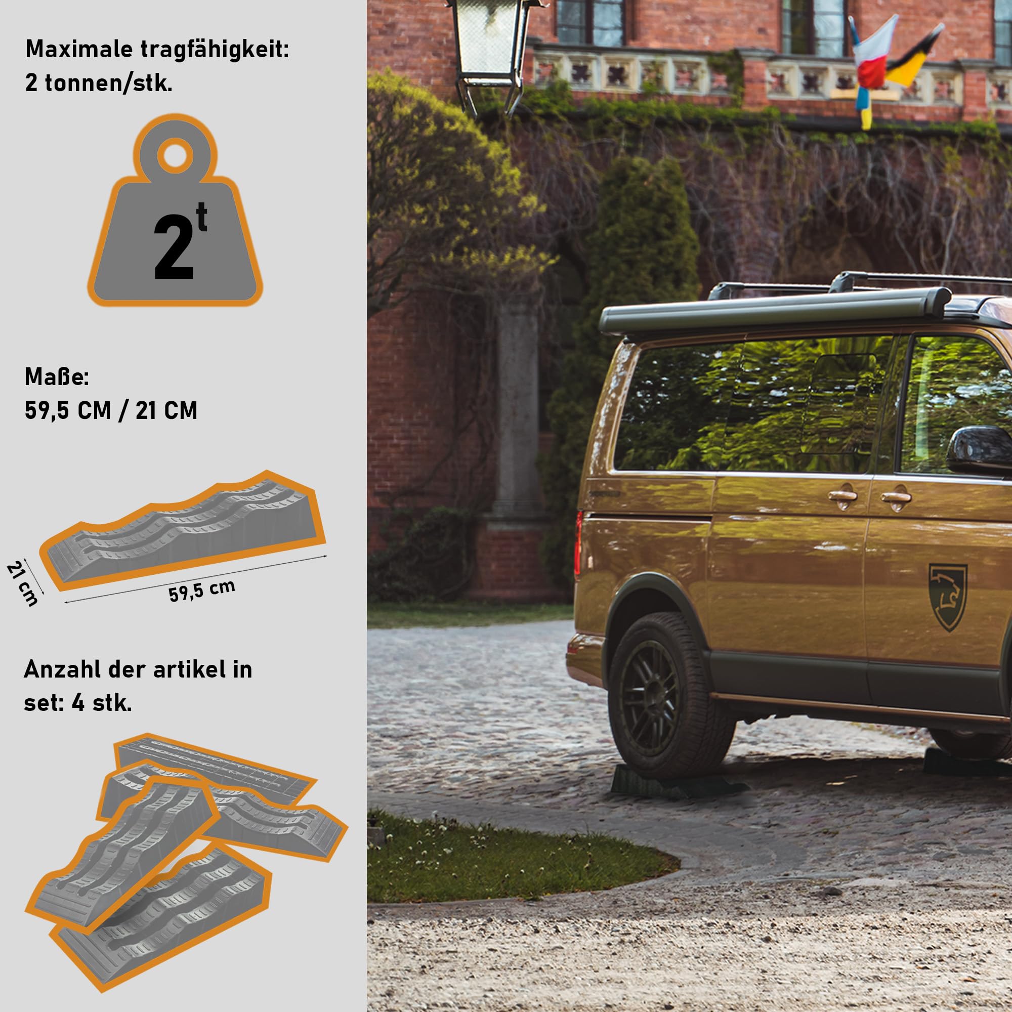 CHROMEMASTER | Auffahrrampen, Auffahrkeile für Wohnmobil, Nivellierungskeile für Camper, Ausgleichskeile für Wohnwagen; 4 Stück | Wohnmobil-Rampen zur Ausrichtung Ihres Fahrzeugs; Robuster Kunststoff